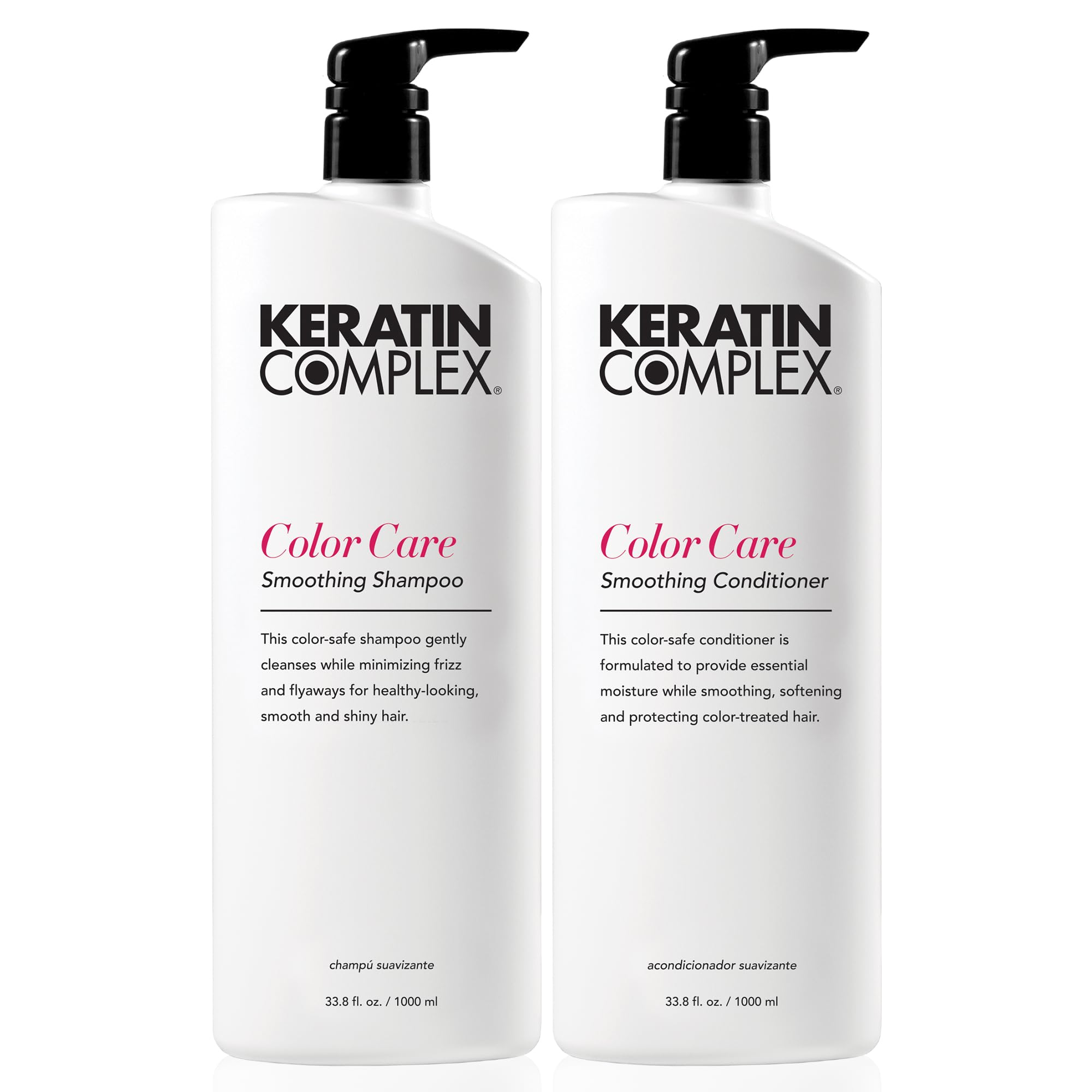 Keratin Complex duo front packaging showing full-size bottles and benefits