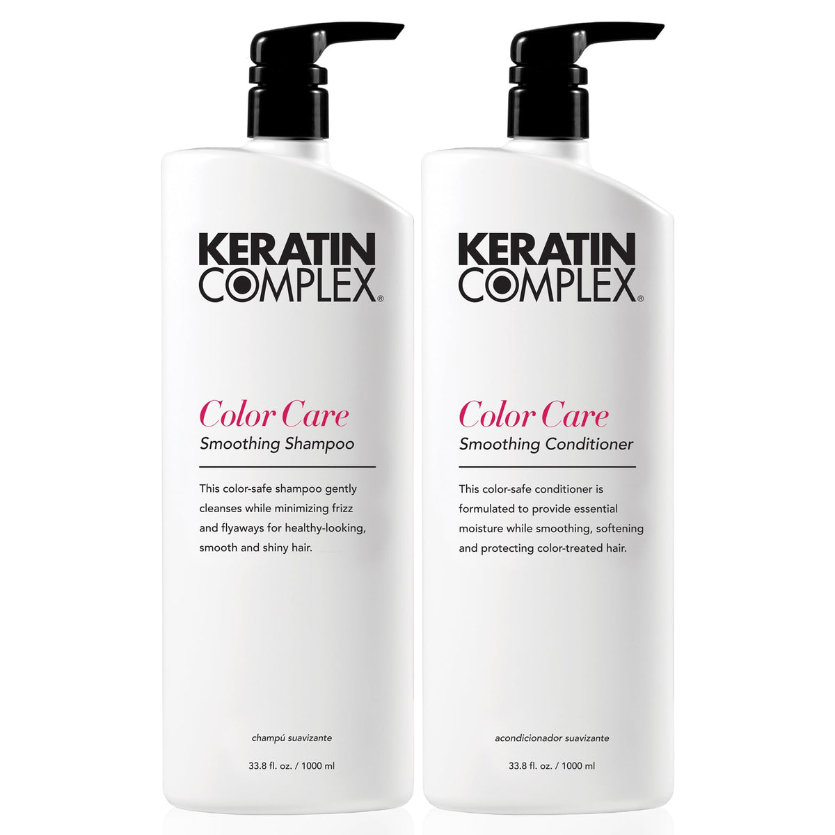 Keratin Complex duo front packaging showing full-size bottles and benefits