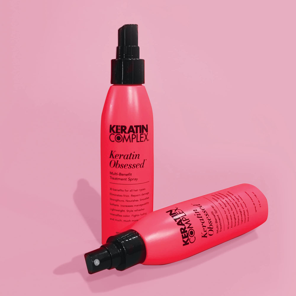 Keratin Complex bottle on salon counter next to tools, professional-use benefit