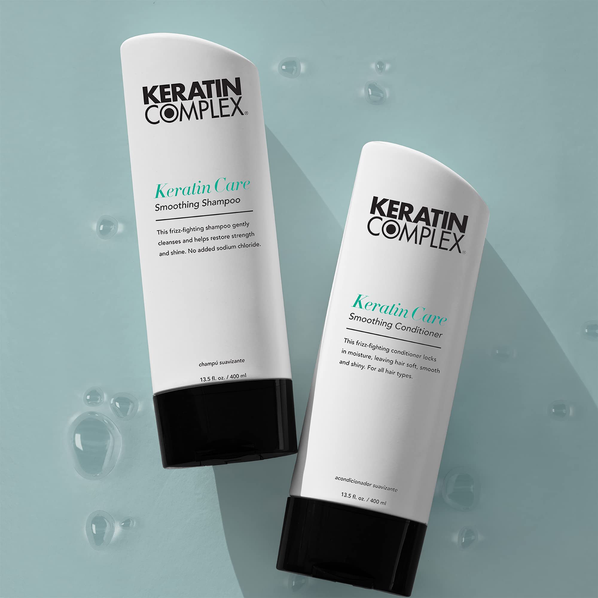 Keratin Complex 13.5 fl oz next to common bottle for size and value comparison
