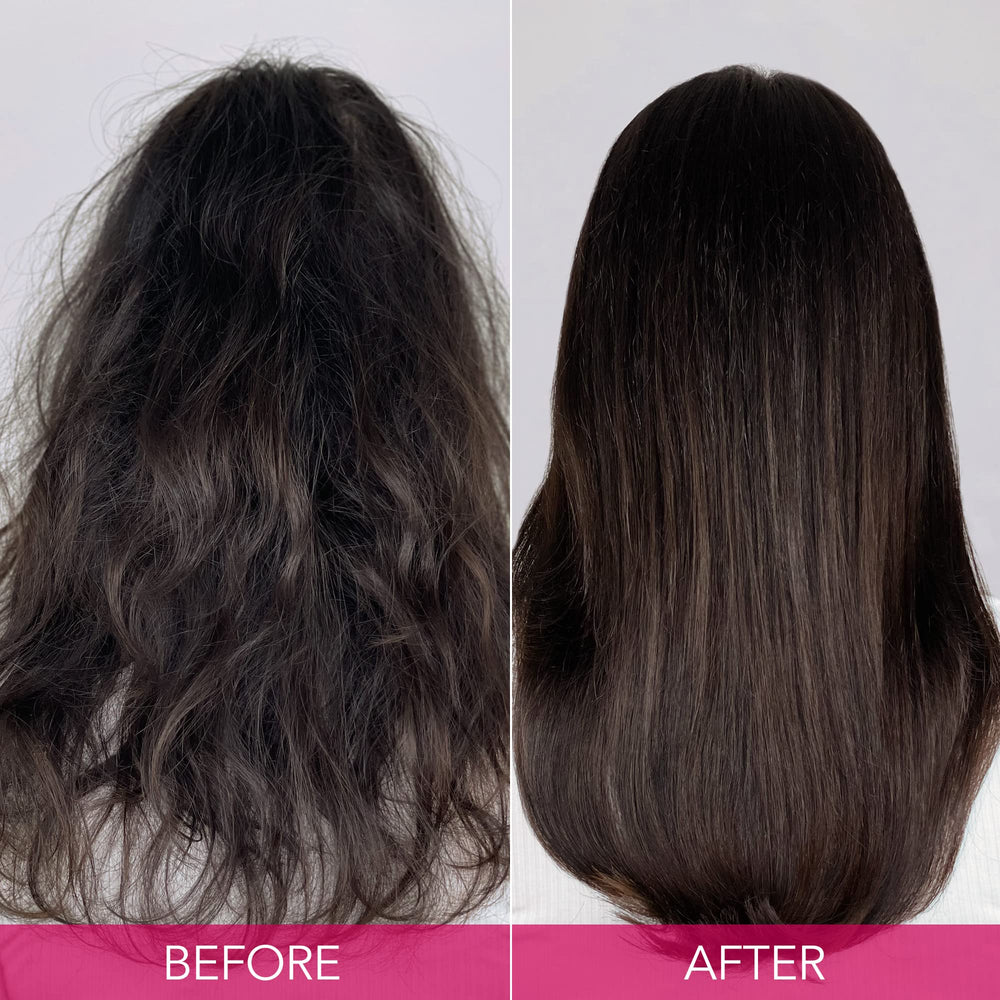 Keratin Complex bottles held in hand illustrating 13.5 oz size benefit