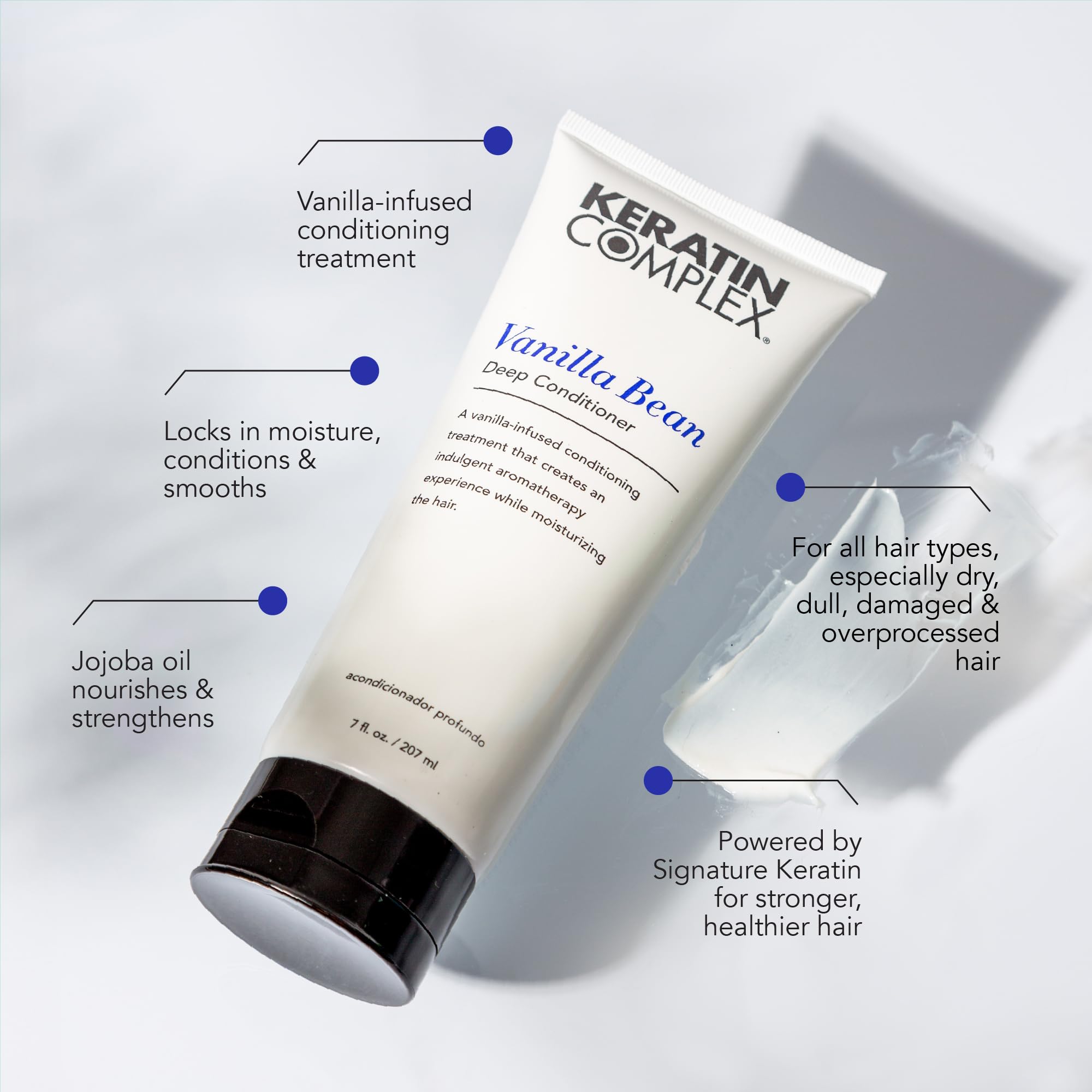 Keratin Complex label close-up highlighting keratin and botanical extracts