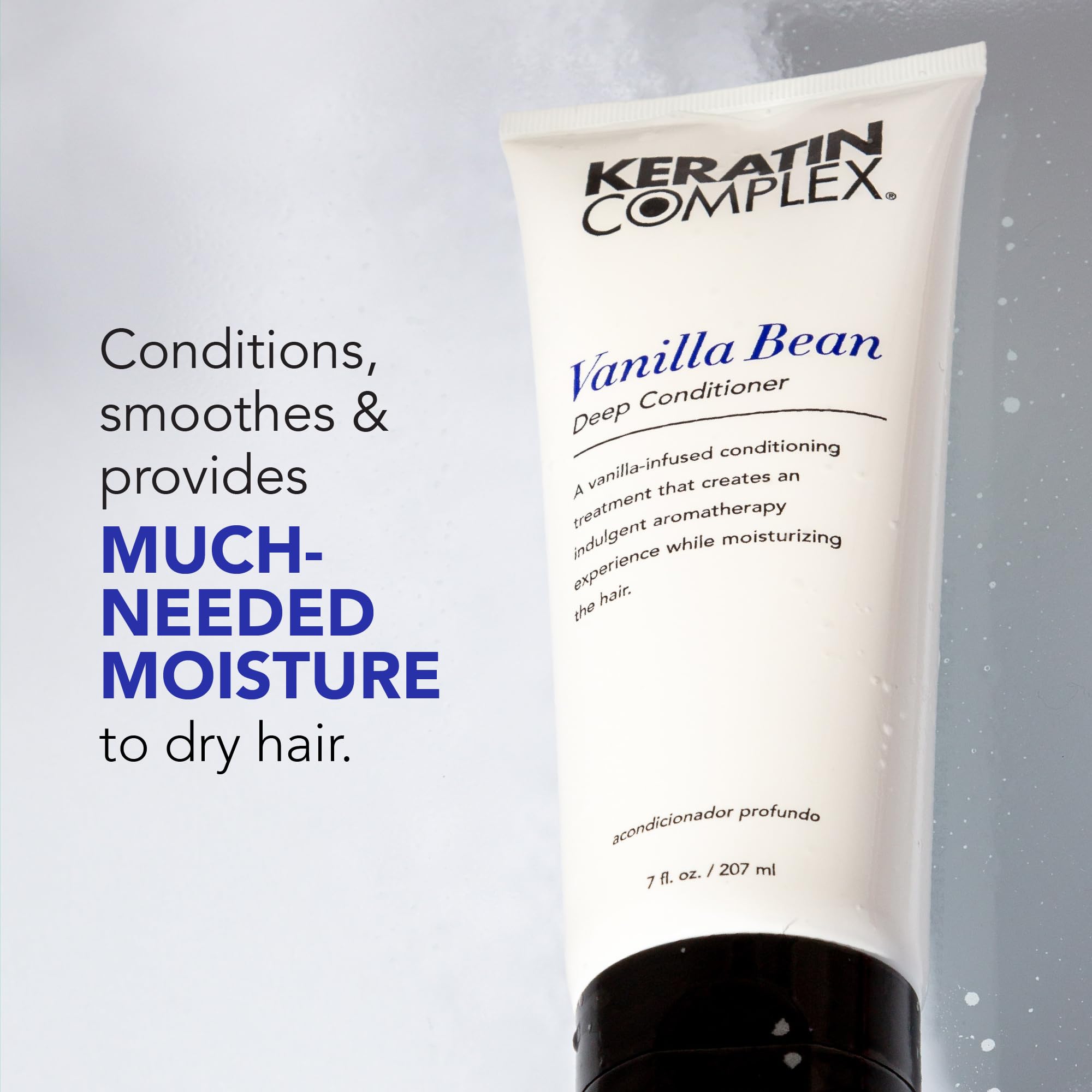 Keratin Complex 7 oz jar held next to hand showing true product size