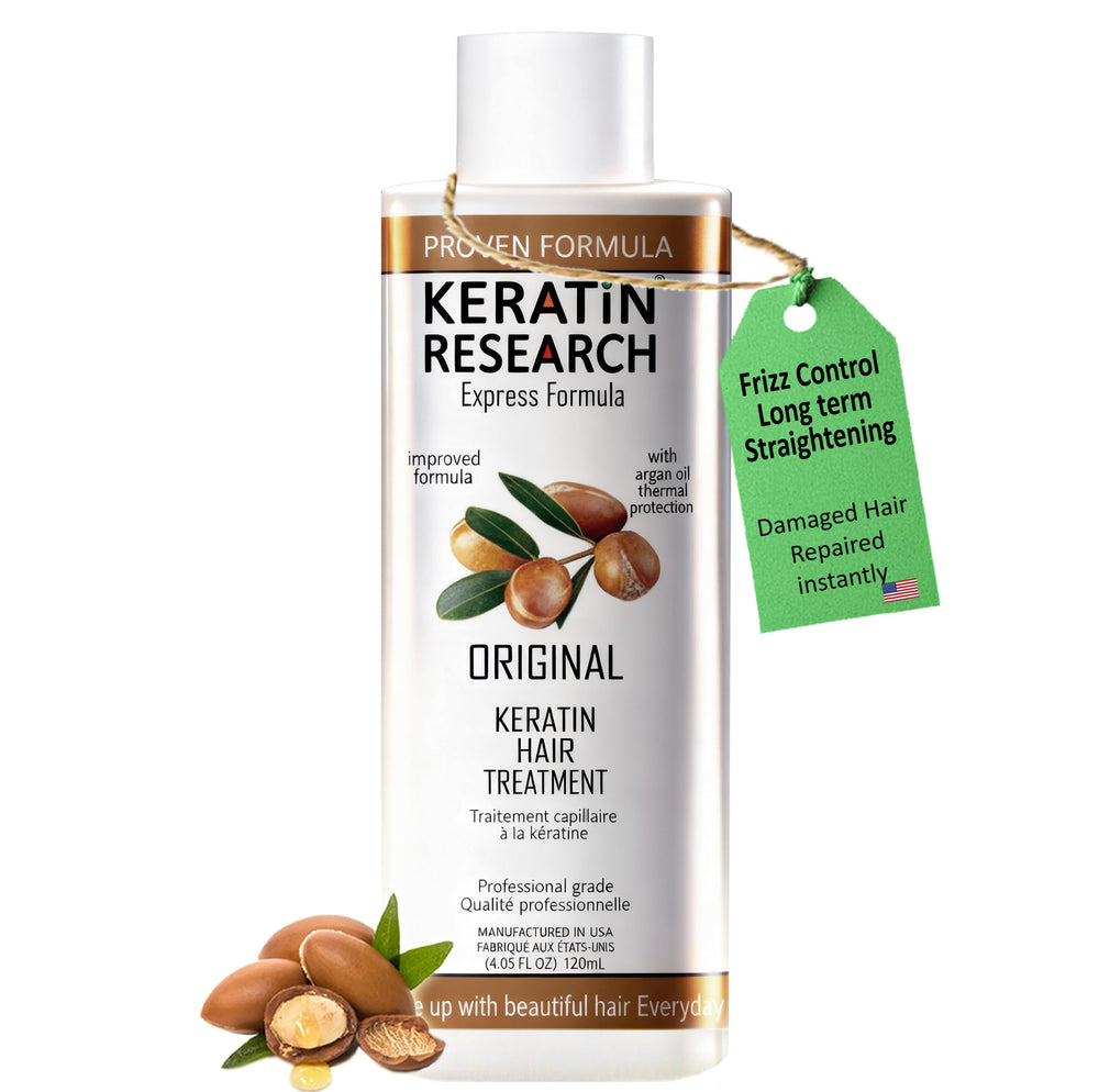 KERATIN RESEARCH front packaging showing professional 4 oz bottle and benefits