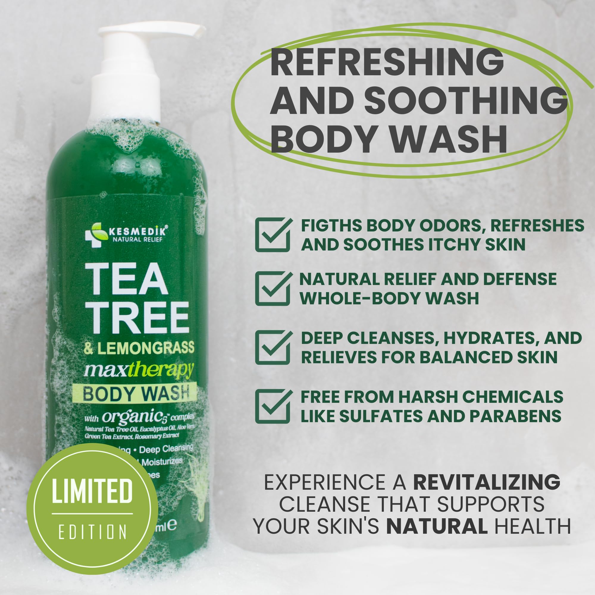 KESMEDIK lemongrass tea tree botanical flatlay showing natural ingredients
