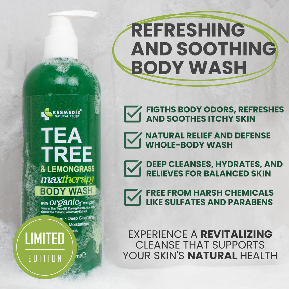 KESMEDIK lemongrass tea tree botanical flatlay showing natural ingredients