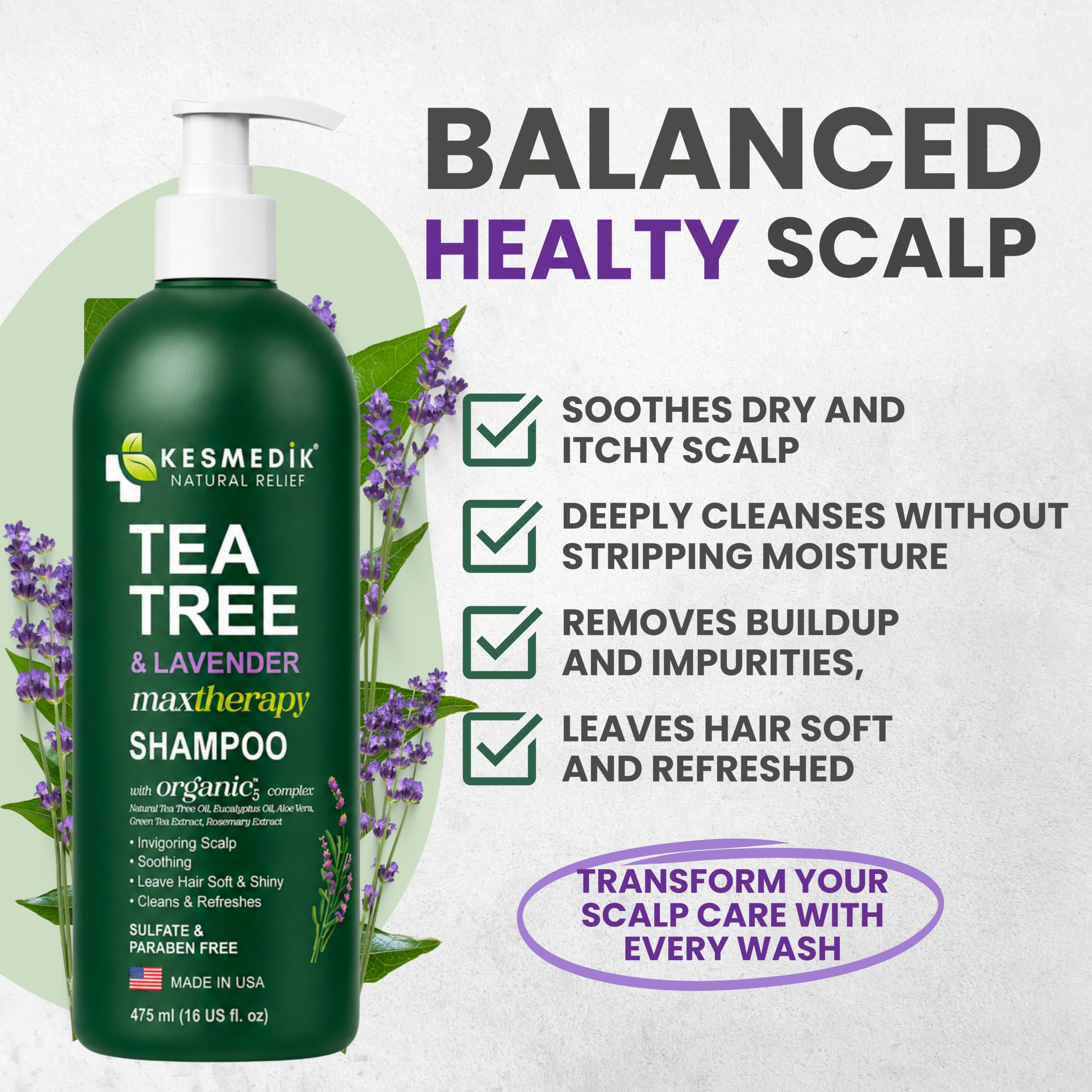 KESMEDIK close-up of tea tree lavender eucalyptus ingredients highlighting natural actives