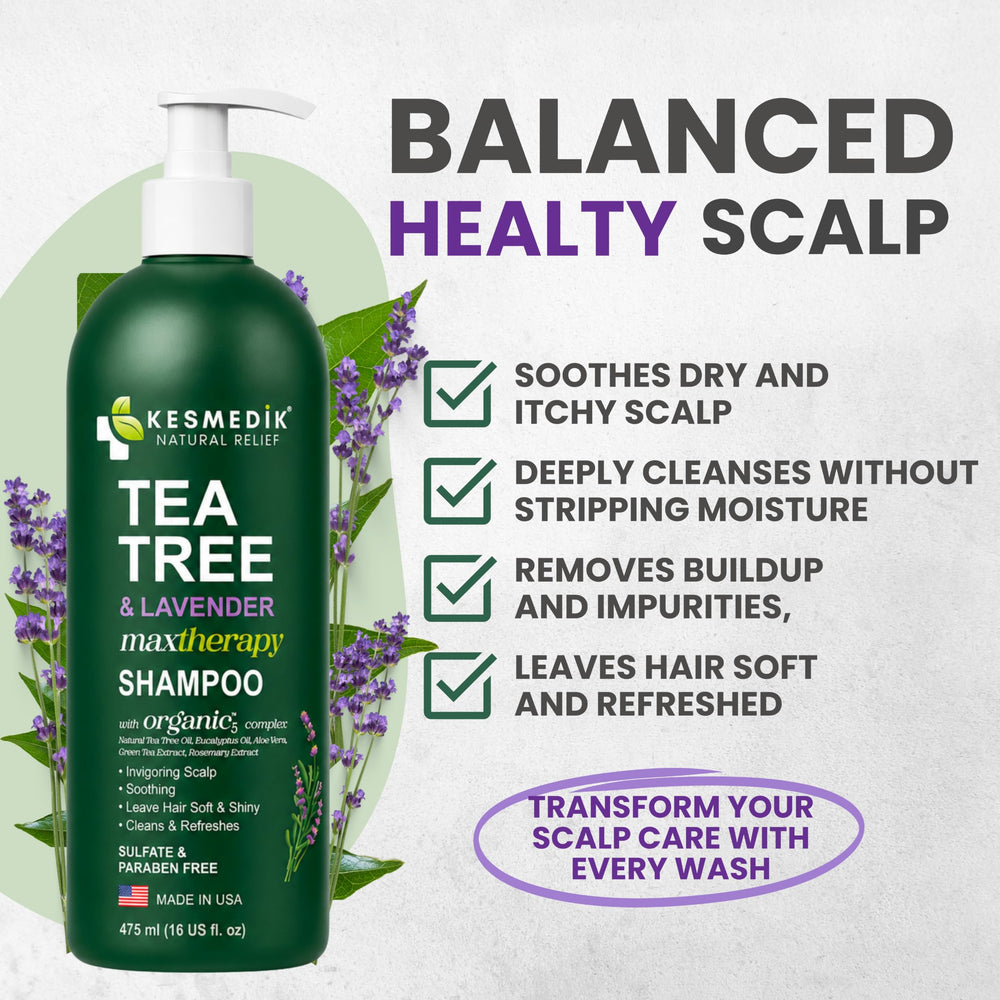 KESMEDIK close-up of tea tree lavender eucalyptus ingredients highlighting natural actives