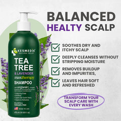 KESMEDIK close-up of tea tree lavender eucalyptus ingredients highlighting natural actives
