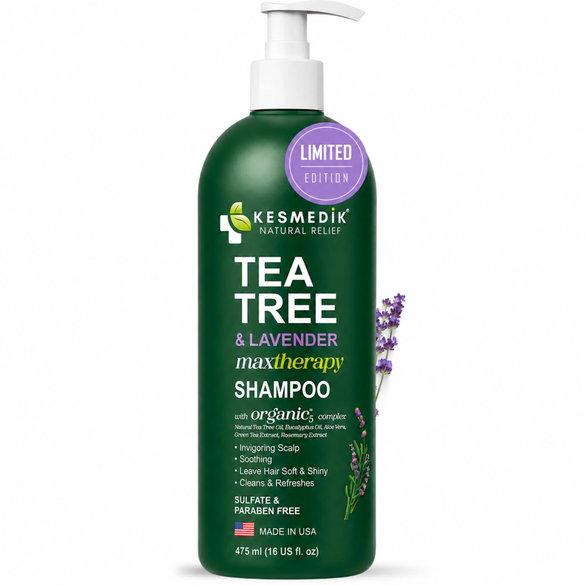 KESMEDIK front label of shampoo showing product name and benefits