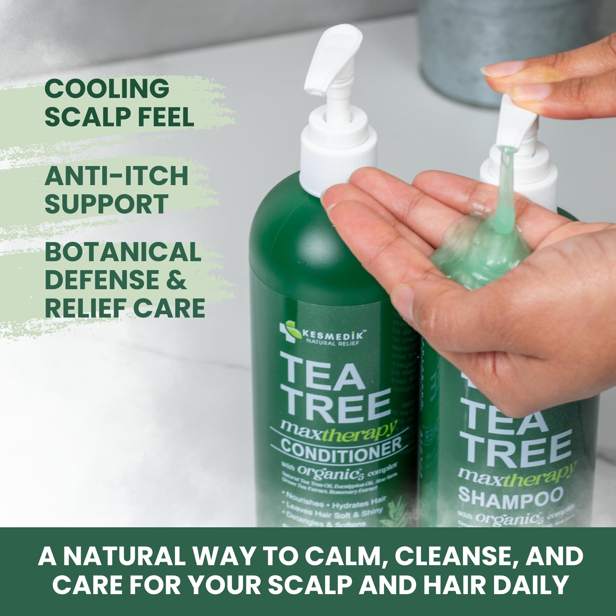 KESMEDIK botanical ingredients display with aloe and green tea promoting soothe