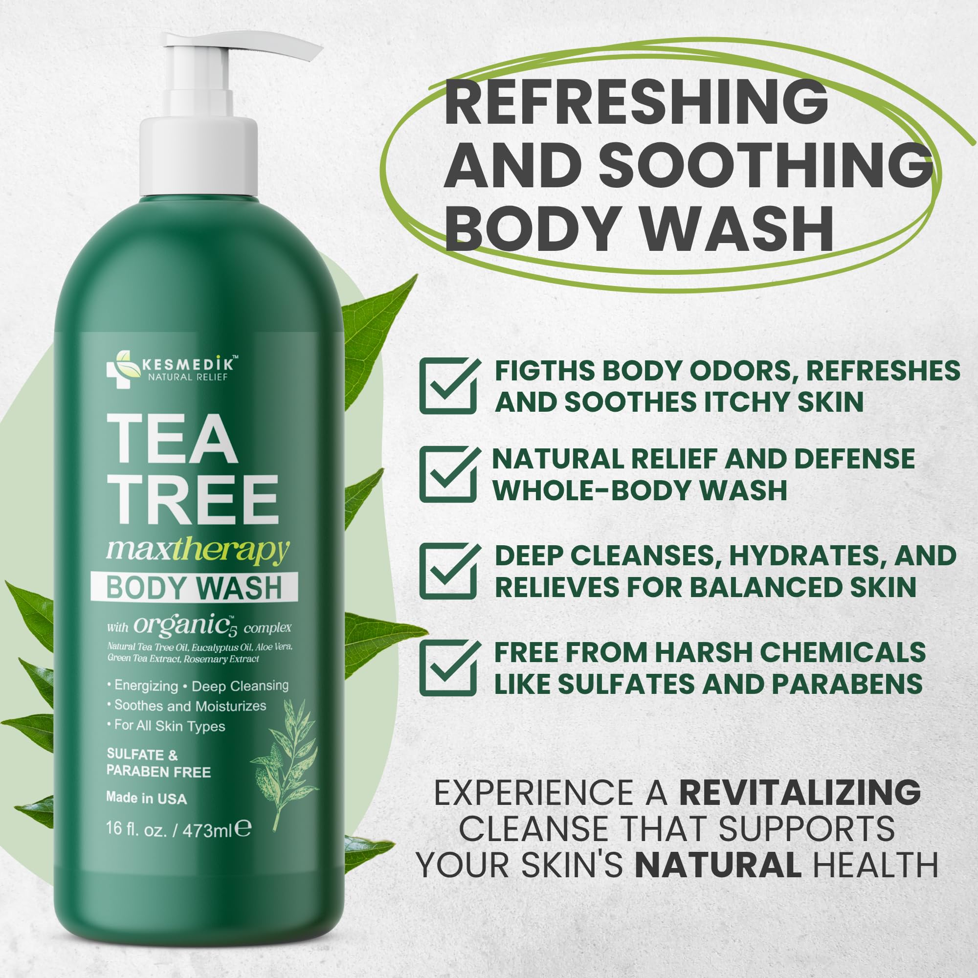 KESMEDIK tea tree leaves highlighting pure tea tree oil ingredient benefits