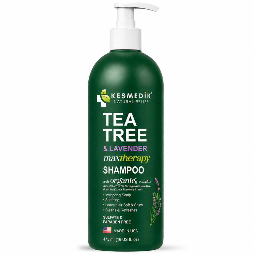 KESMEDIK shampoo on bathroom shelf showing daily-use lifestyle and accessibility