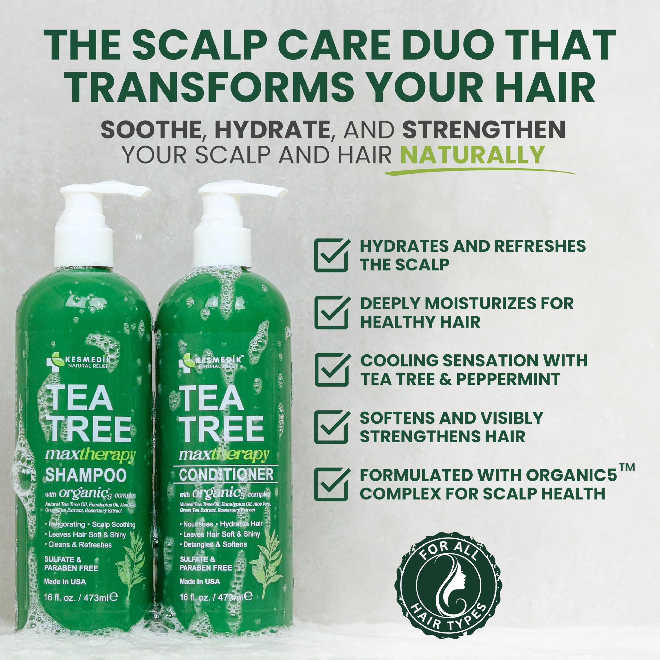 KESMEDIK shampoo pour close-up highlighting tea tree texture and gentle cleanse