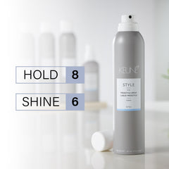 KEUNE mist dispersing through hair to lock style with flexible hold benefit