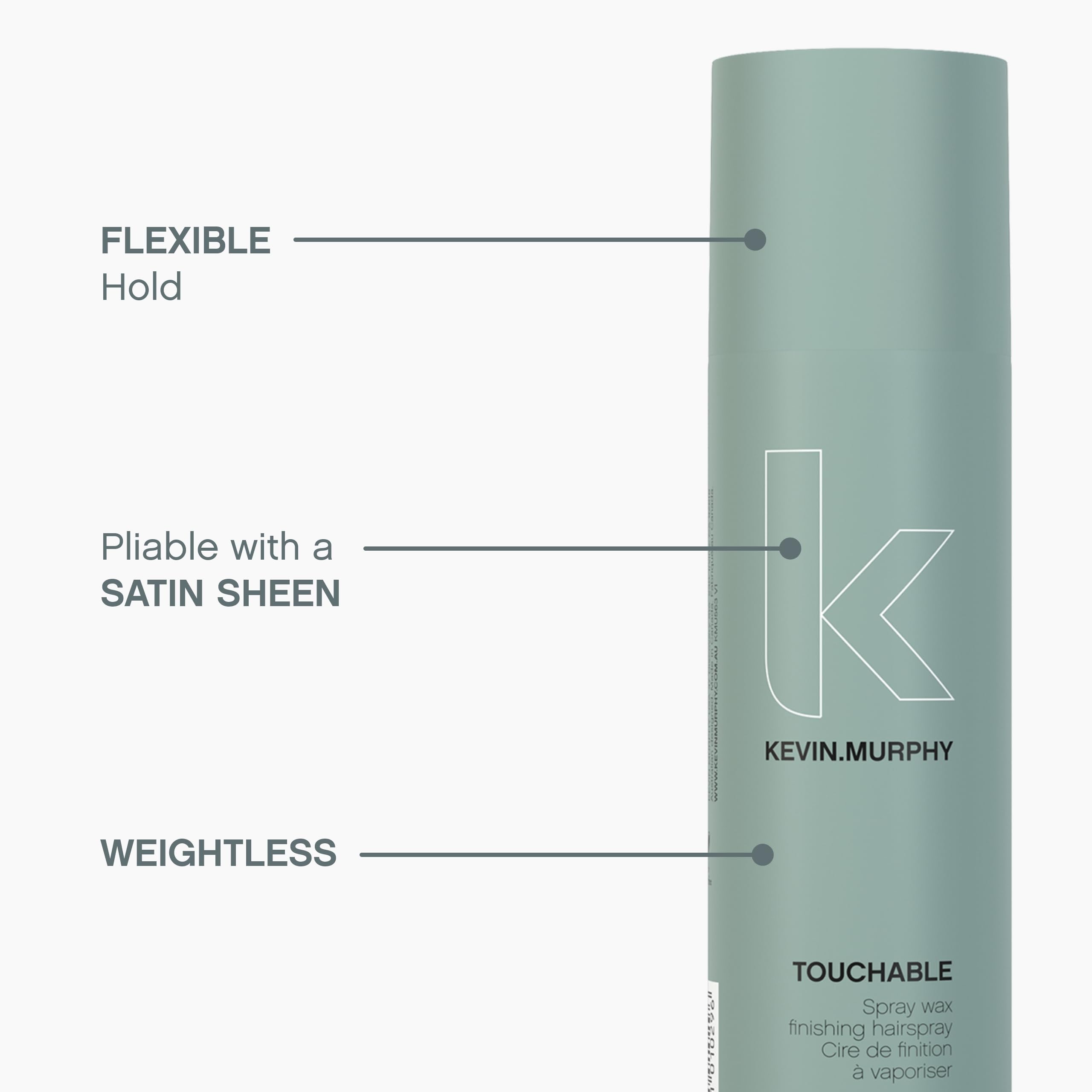 KEVIN.MURPHY bottle held in hand showing 8.4 fl oz scale and travel-friendly benefit