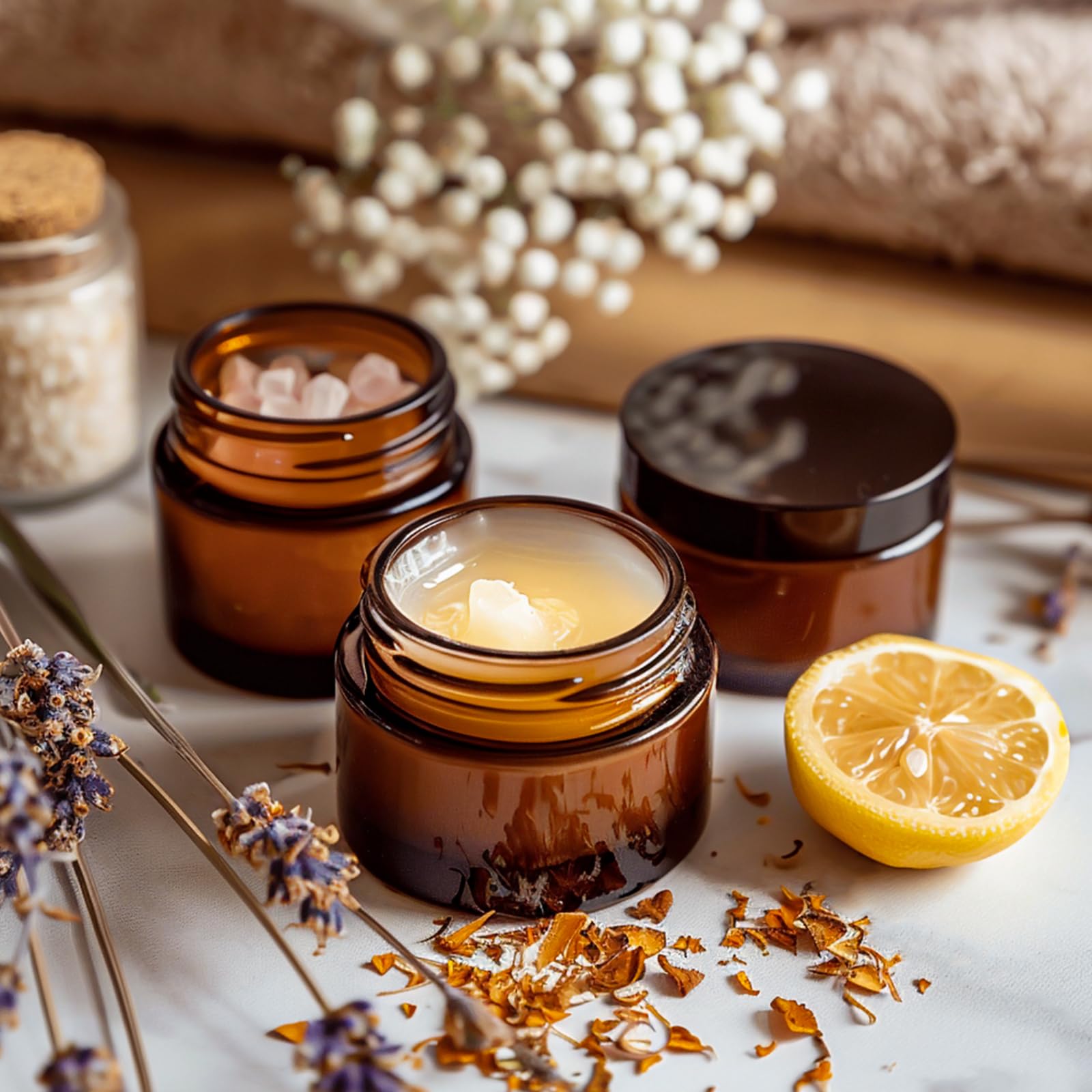 KEYWING amber jars on a vanity showcasing attractive presentation and organized storage