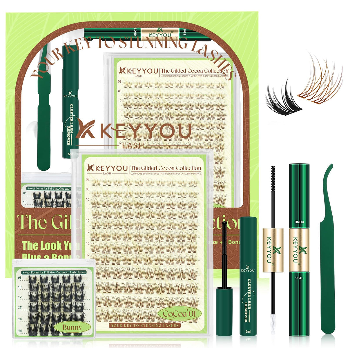 KEYYOU front packaging showing brown lash clusters and tools, clear kit benefits
