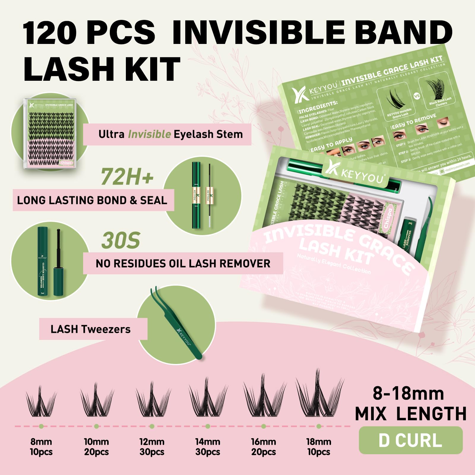 KEYYOU close-up of ultra-thin invisible lash clusters highlighting seamless blend