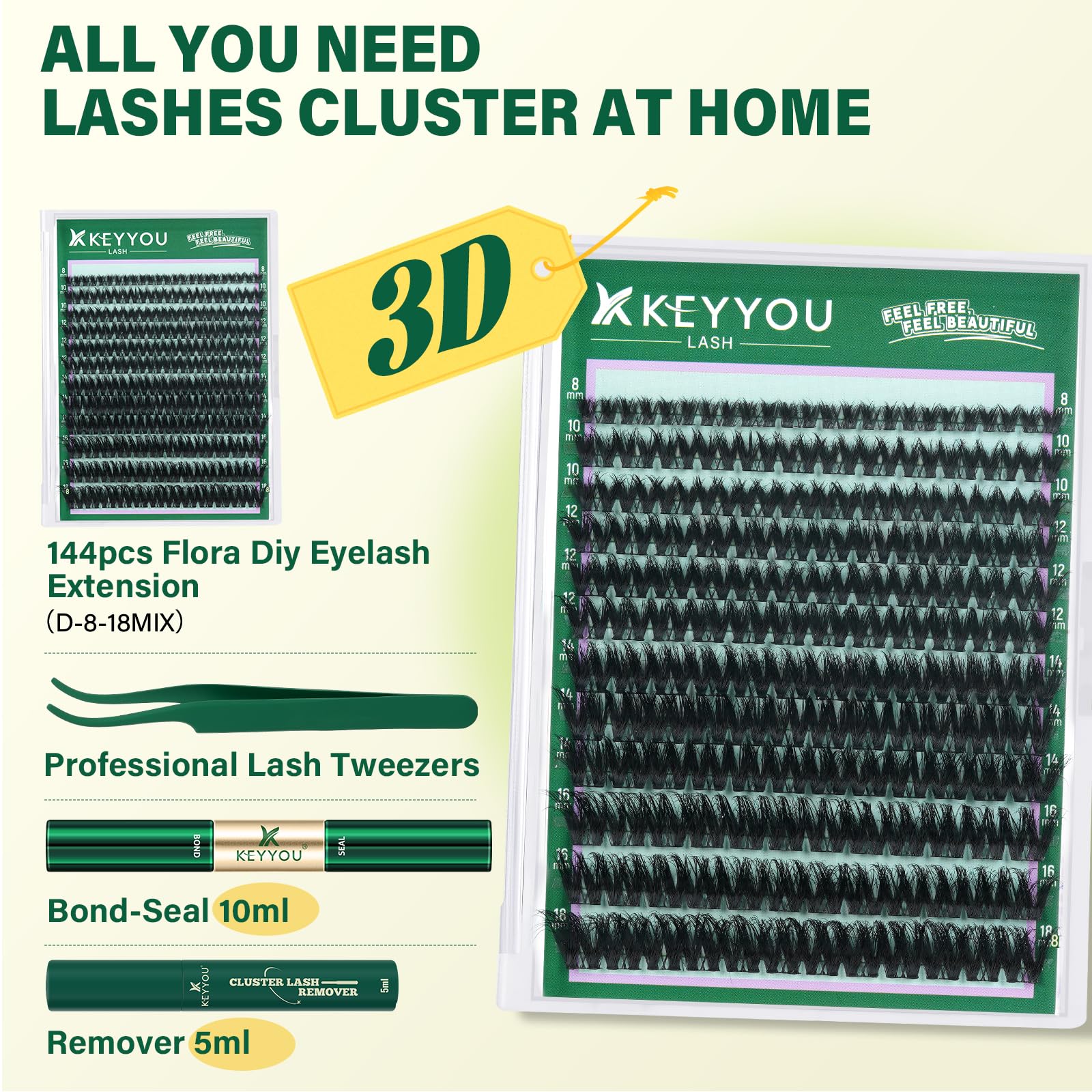 KEYYOU close-up of 3D lash cluster texture for natural fluffy finish