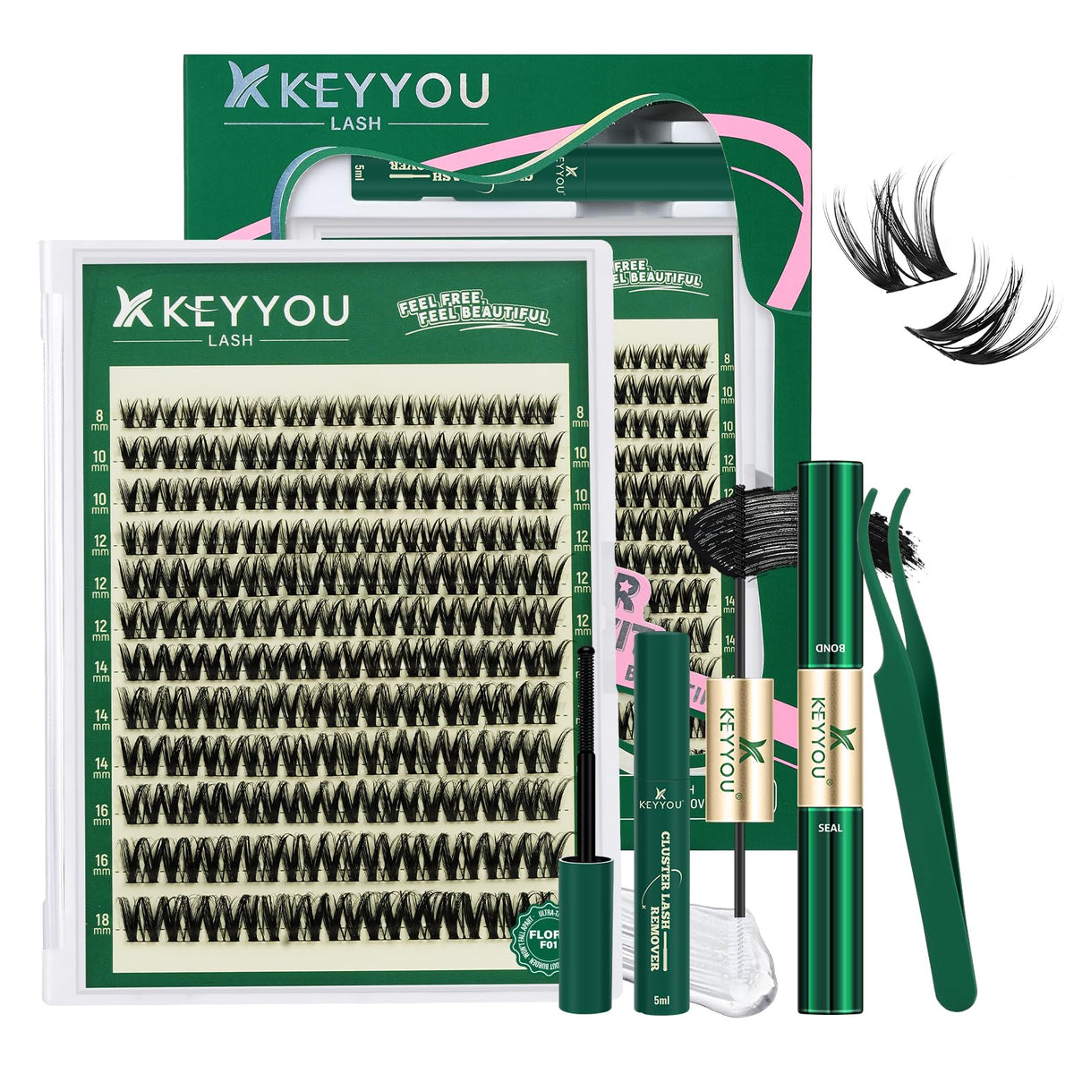 KEYYOU front packaging showing complete lash cluster kit benefit quick start