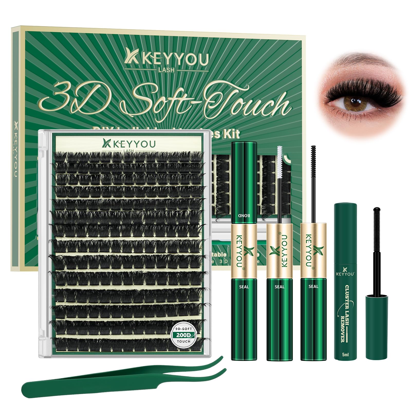 KEYYOU front packaging showing lash clusters kit and contents for flexible looks