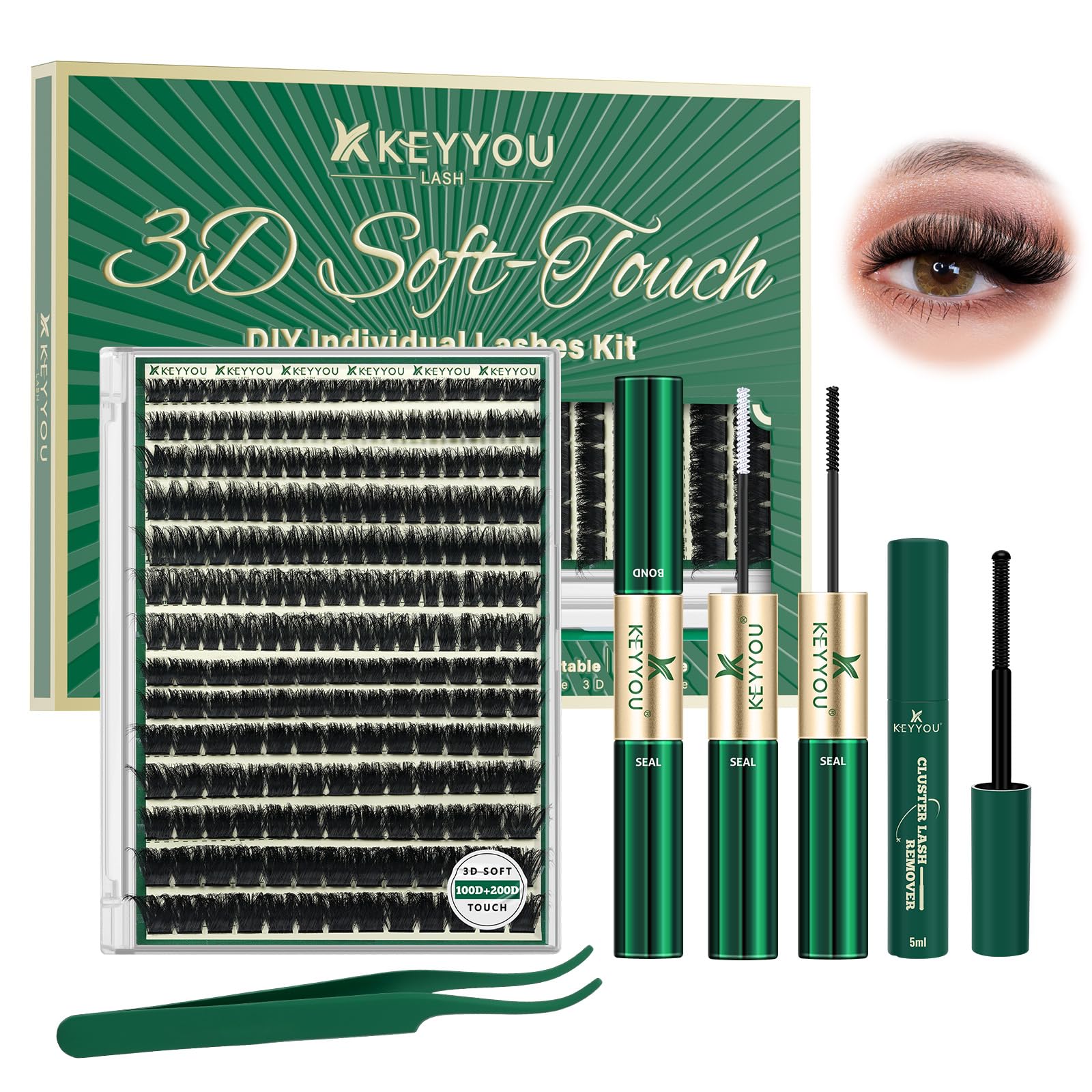 KEYYOU front packaging showing 231 cluster lashes and kit benefits