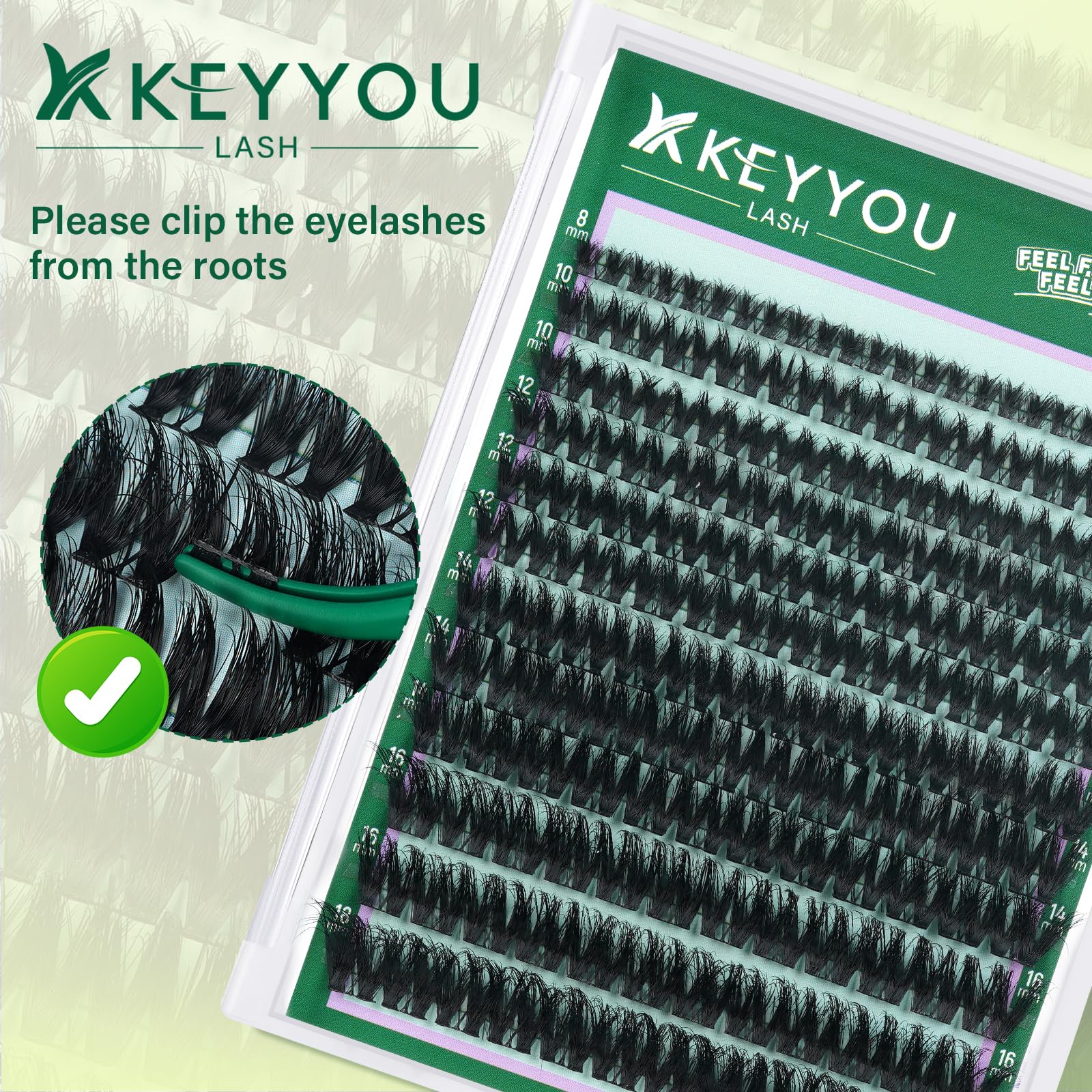 KEYYOU clusters beside ruler showing mixed 8–18mm lengths for customization