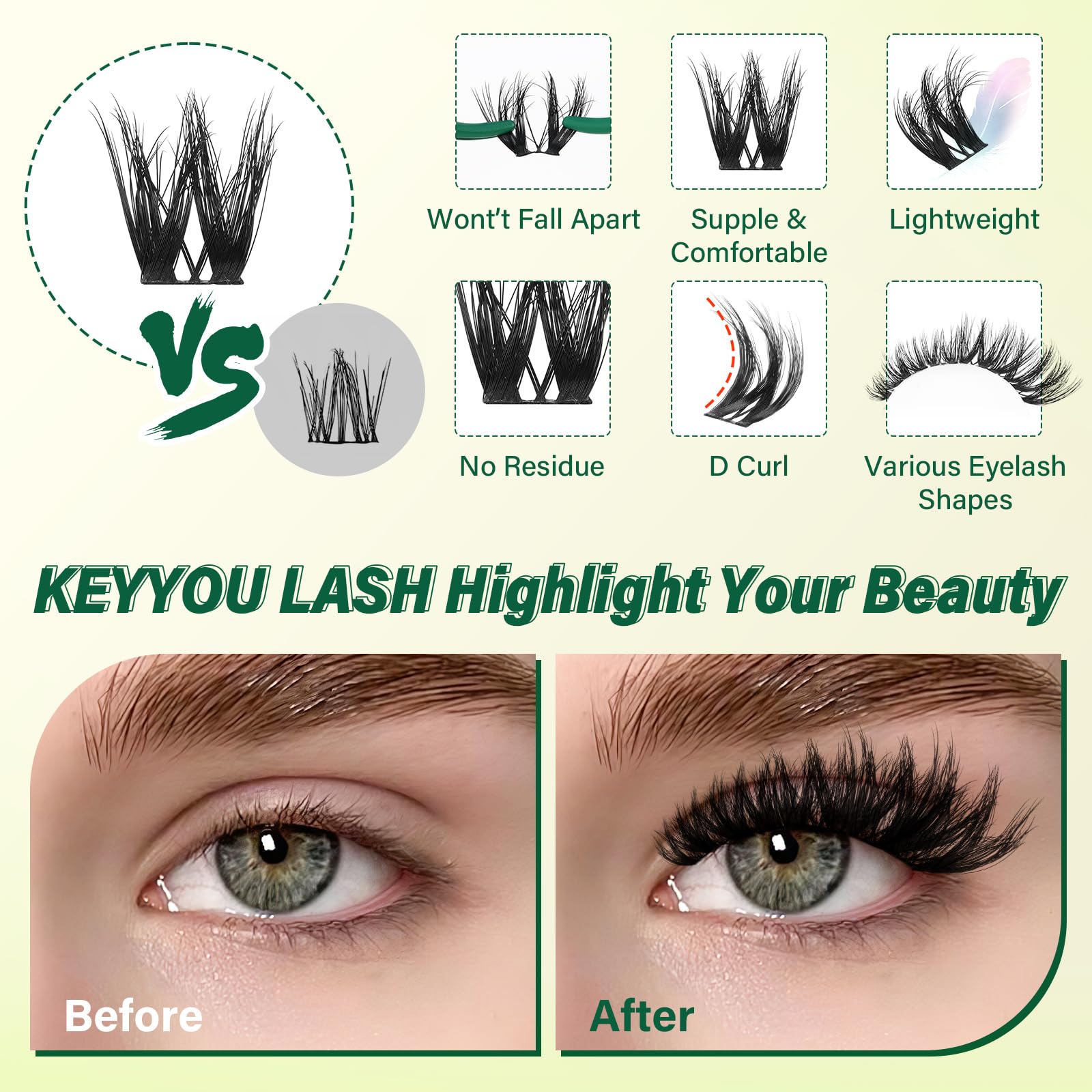 KEYYOU finished lashes on model for volumized everyday or evening wear
