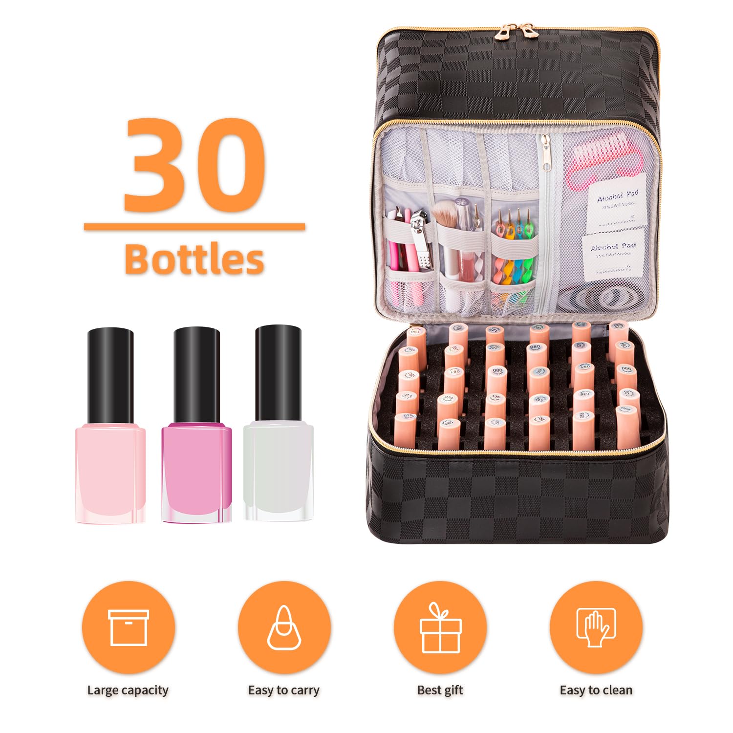 KGMCARE bottom compartment holding thirty polishes securely, protects glass benefit