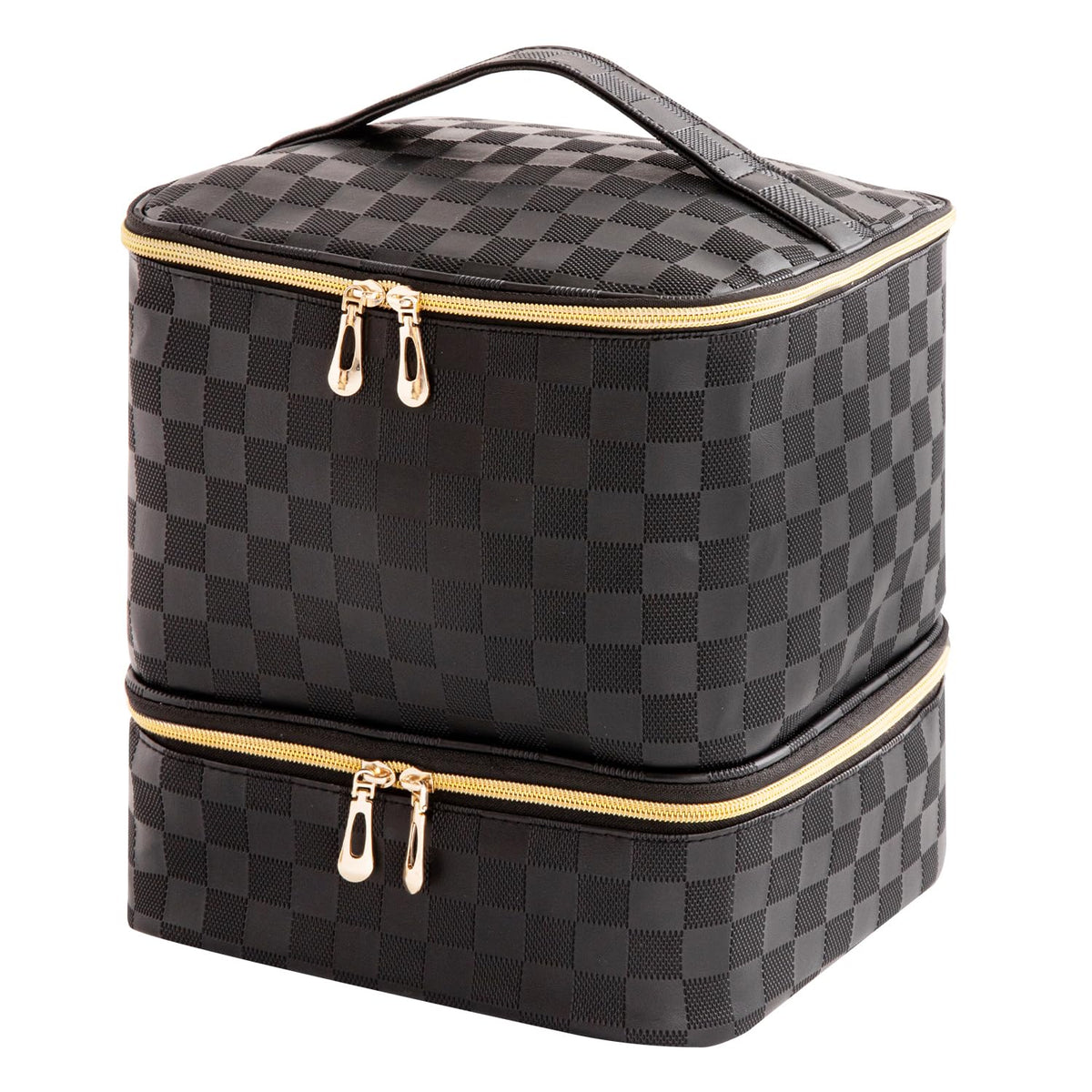 KGMCARE front view showing checkered black exterior and handle, durable travel benefit
