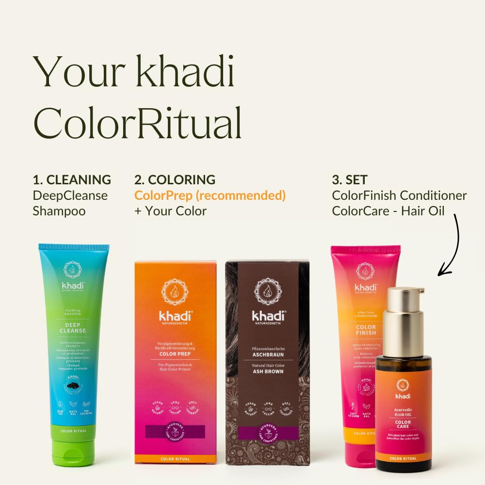 KHADI label and ingredients highlighting Ayurvedic henna and indigo sourcing