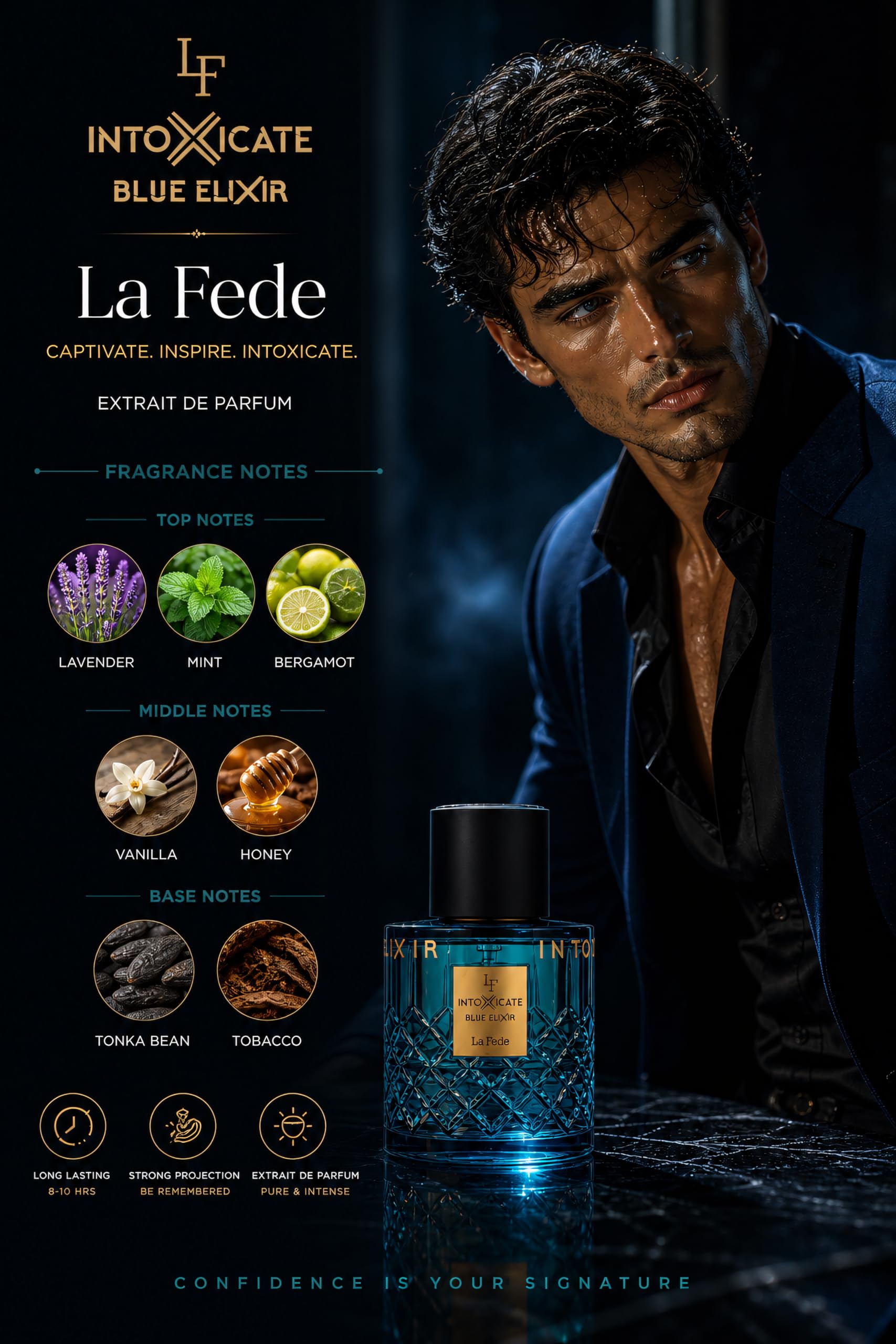 KHADLAJ PERFUMES glass bottle with visible blue liquid illustrating premium texture and depth