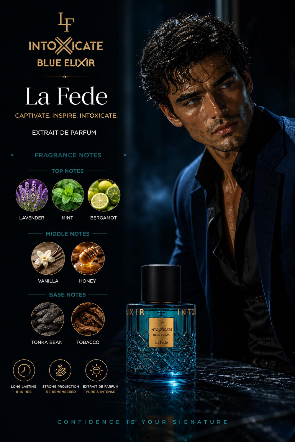 KHADLAJ PERFUMES glass bottle with visible blue liquid illustrating premium texture and depth