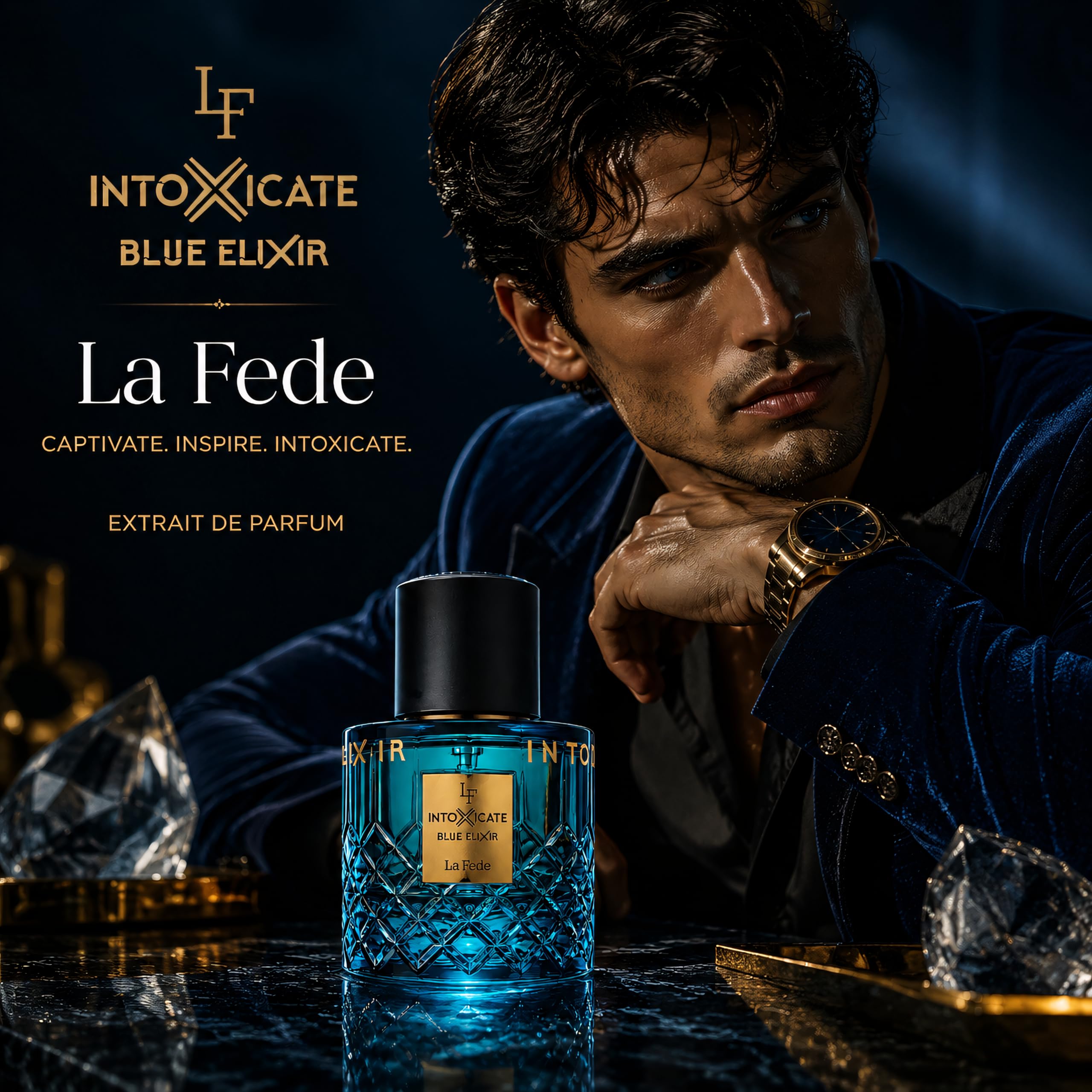 KHADLAJ PERFUMES clear shot of the Intoxicate Blue Elixir label conveying fragrance identity