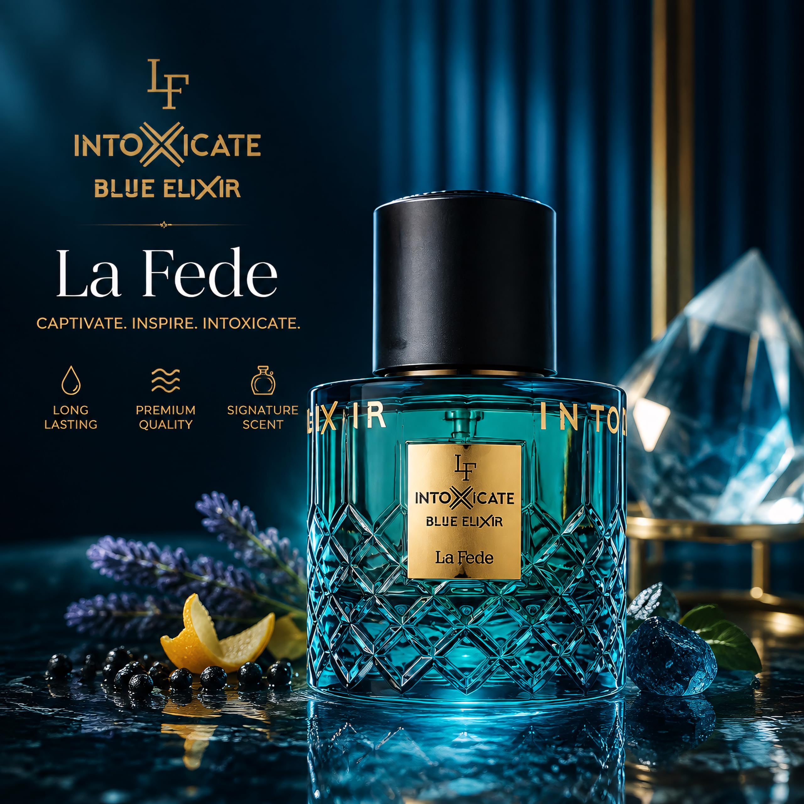 KHADLAJ PERFUMES lifestyle image of man applying Intoxicate Blue Elixir before evening event