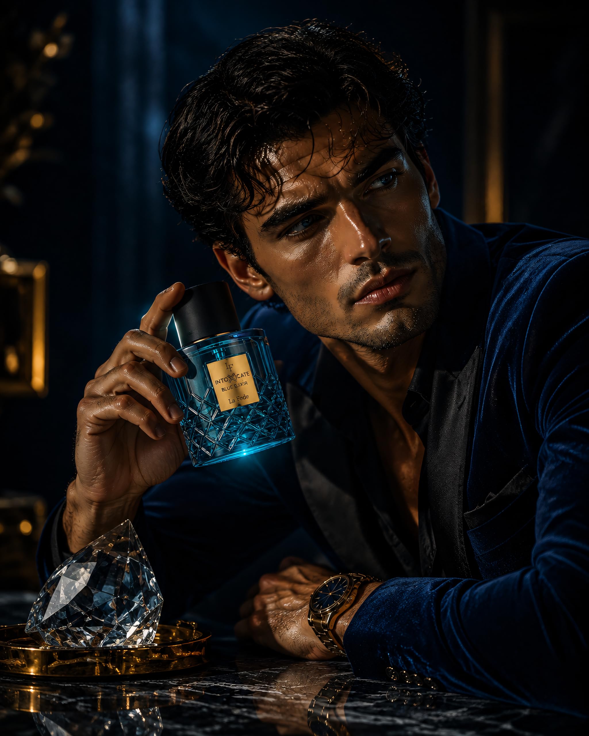 KHADLAJ PERFUMES Intoxicate Blue Elixir next to ruler showing 100 ml scale and product size