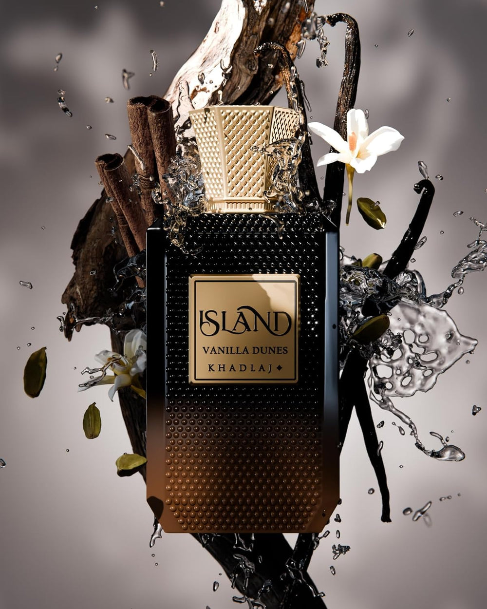 KHADLAJ PERFUMES bottle next to everyday items showing 100 ml scale and travel readiness