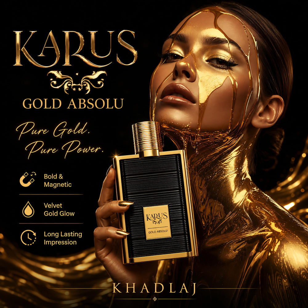 KHADLAJ PERFUMES bottle next to common items for clear size reference