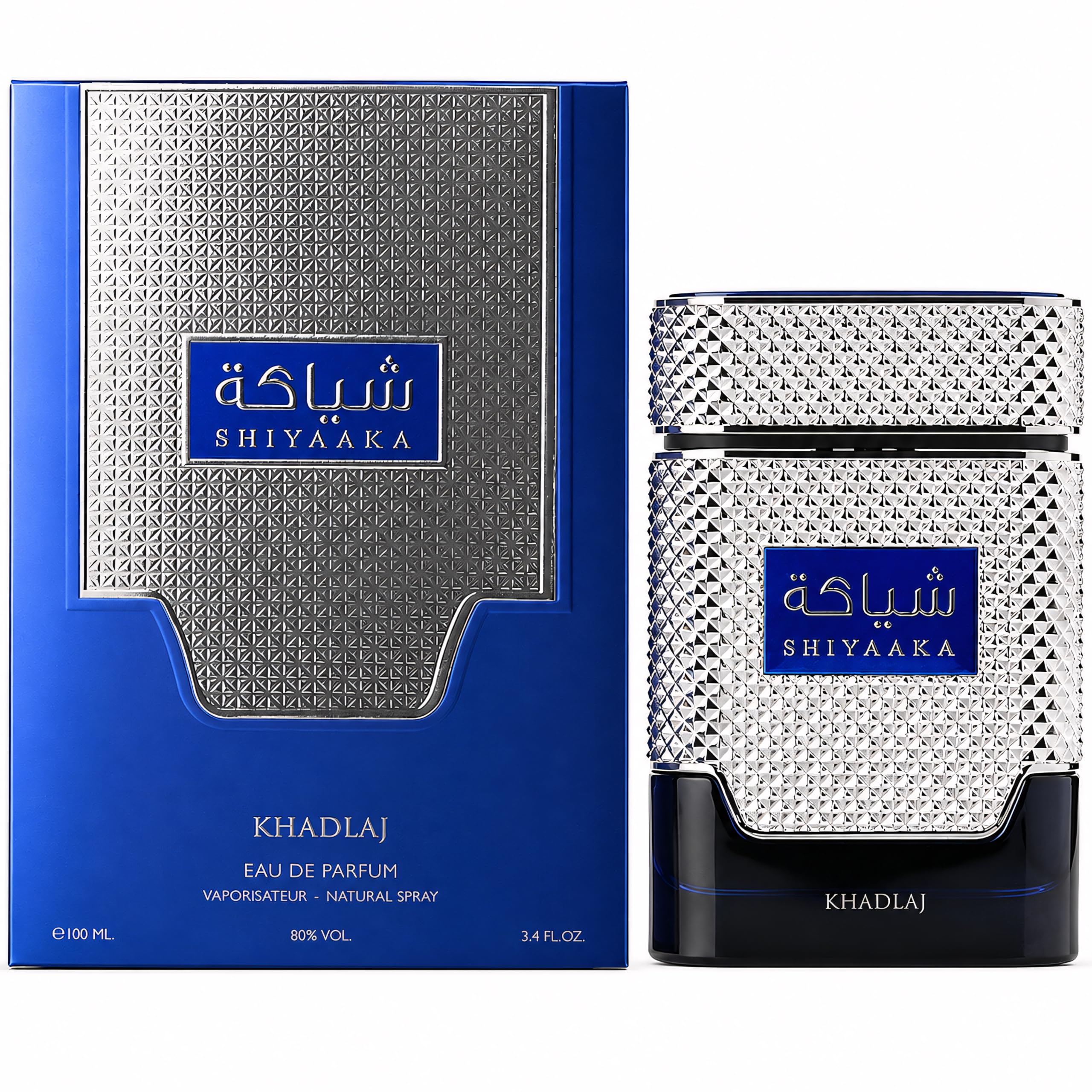 KHADLAJ PERFUMES angled flacon highlighting platinum cap and glass detail for style
