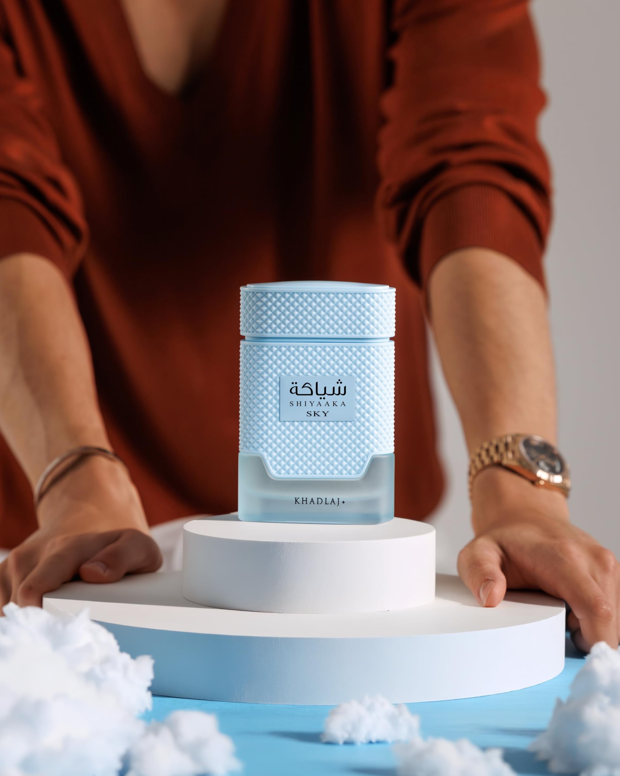 Khadlaj Shiyaaka Sky texture on skin showing smooth, lasting dry down
