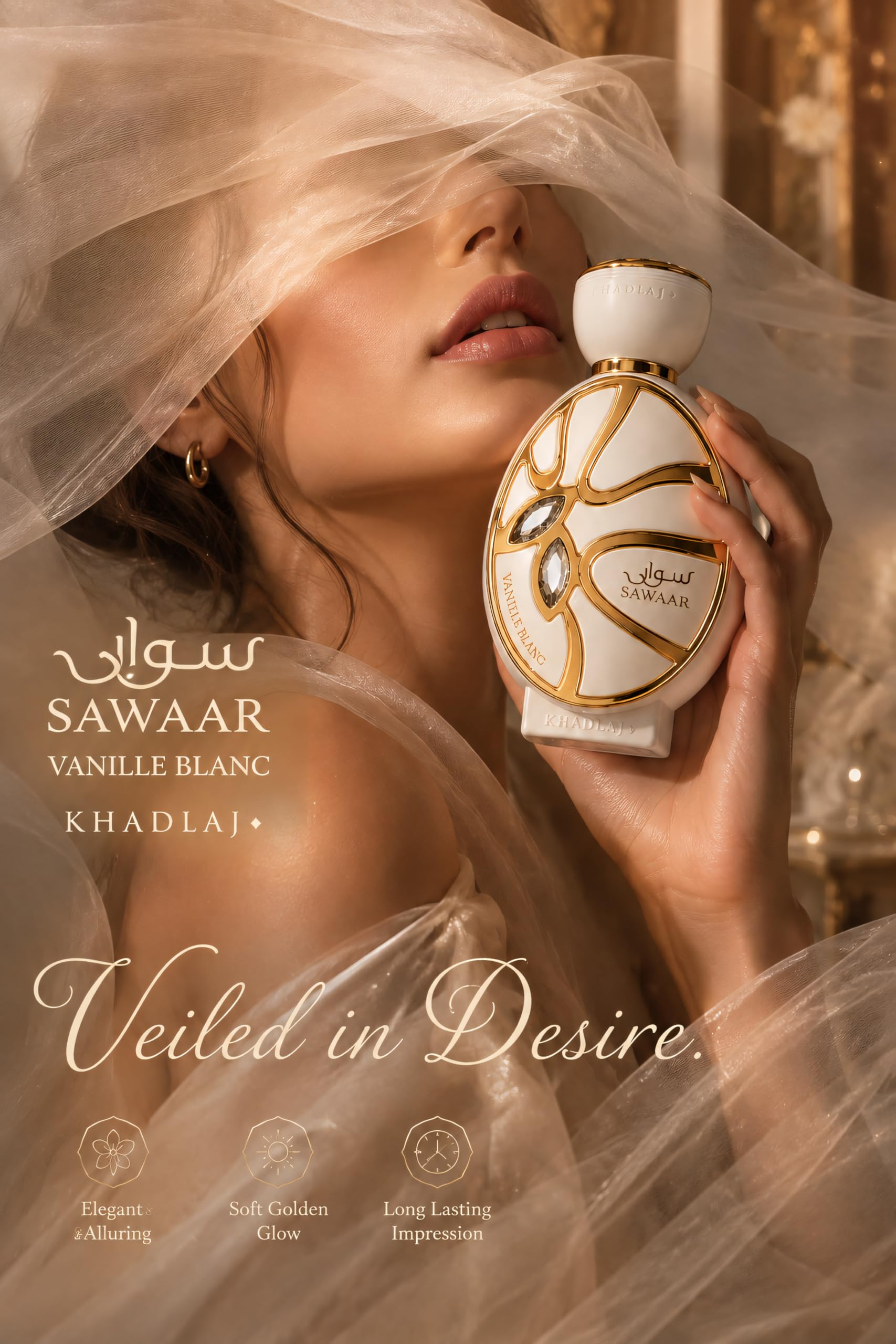 Lifestyle evening scene wearing Khadlaj conveying sophisticated, long-wearing fragrance
