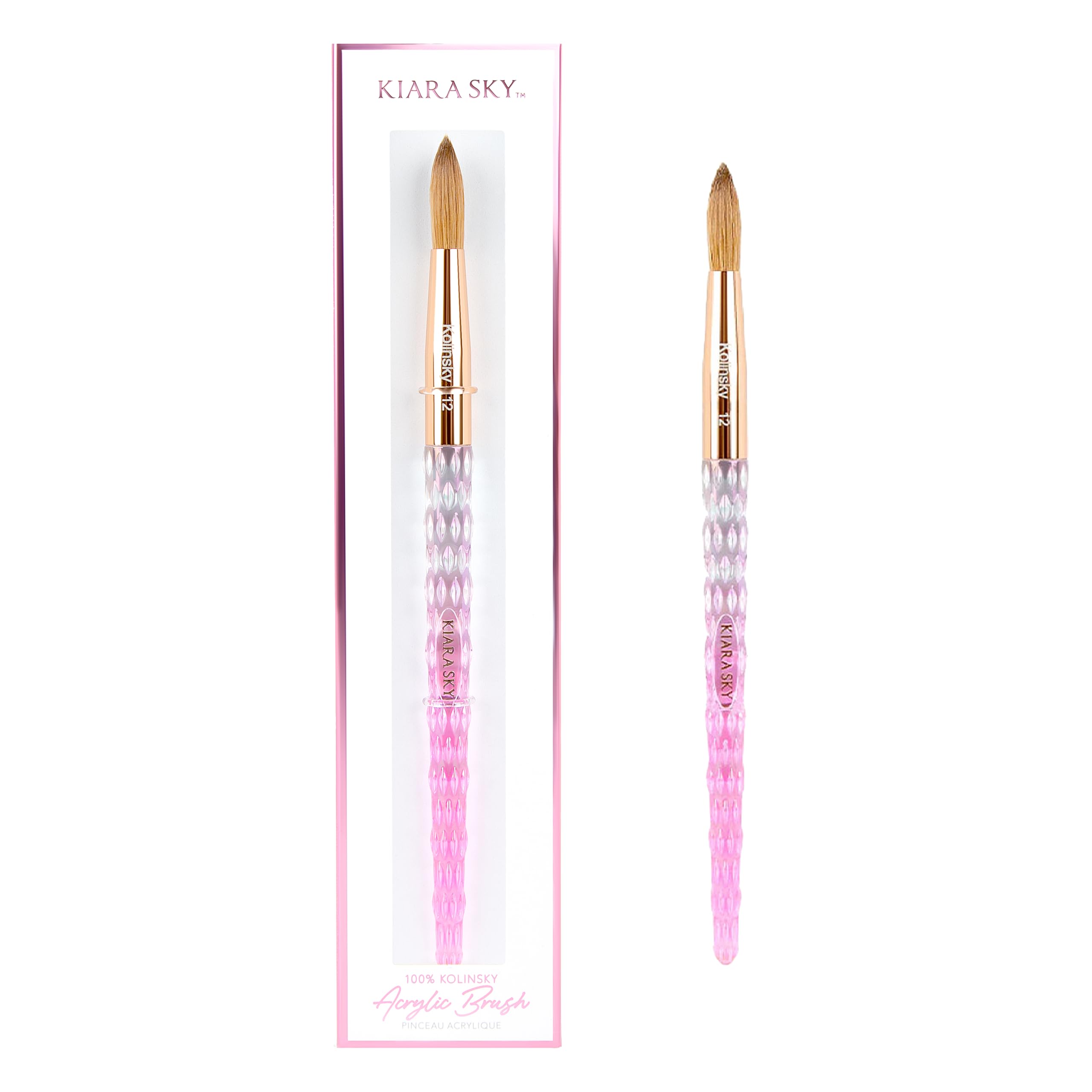 Kiara Sky brush front packaging showing pink crystal handle, professional durability