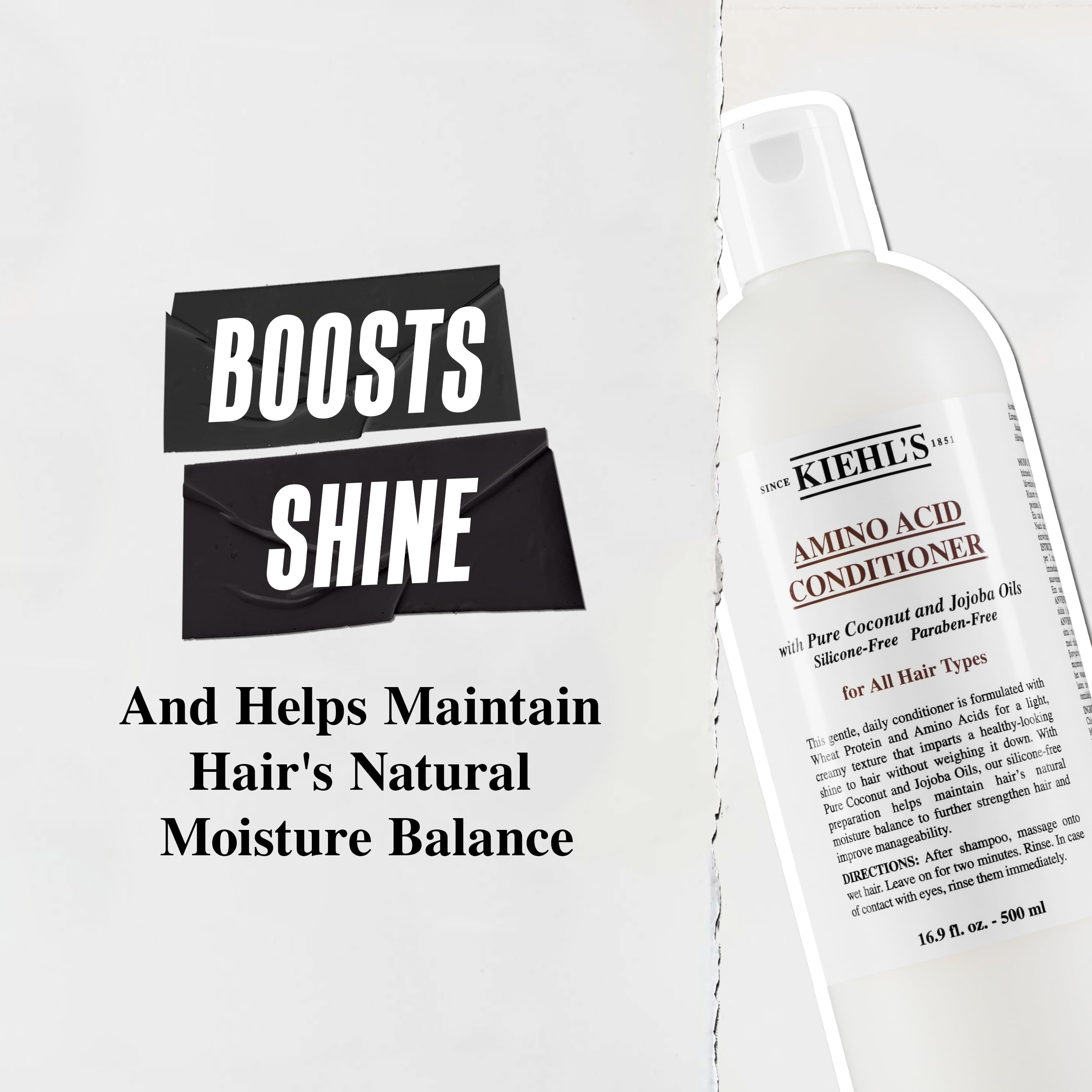 Kiehl's label close-up showing key amino acids, jojoba and coconut oil benefits
