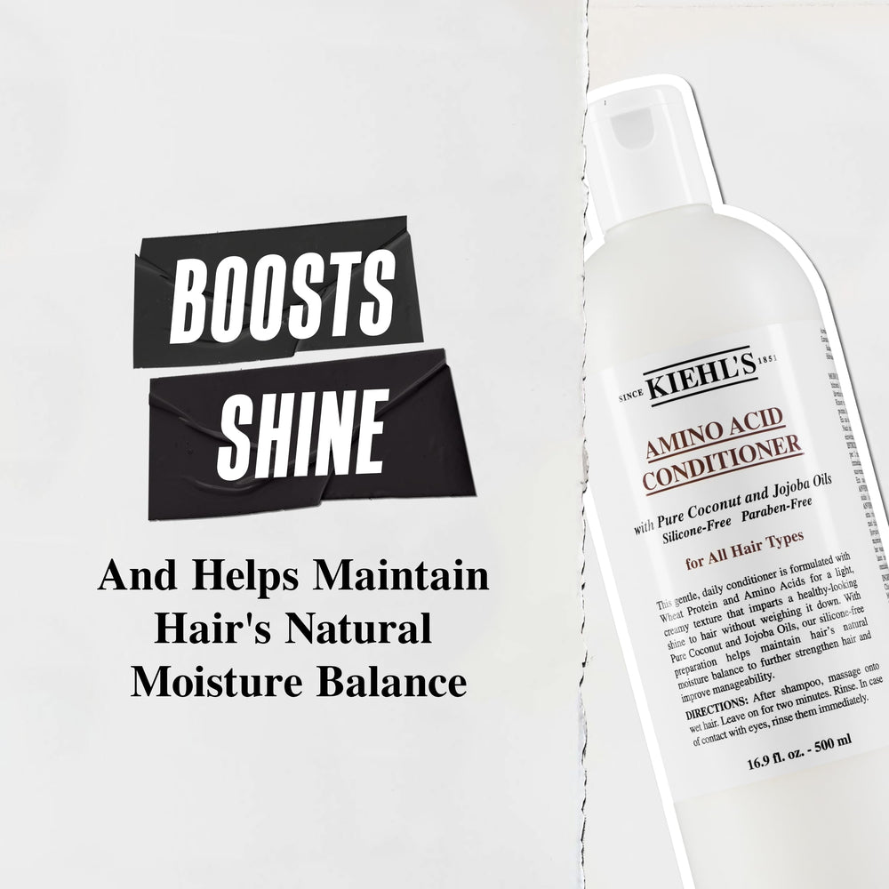 Kiehl's label close-up showing key amino acids, jojoba and coconut oil benefits