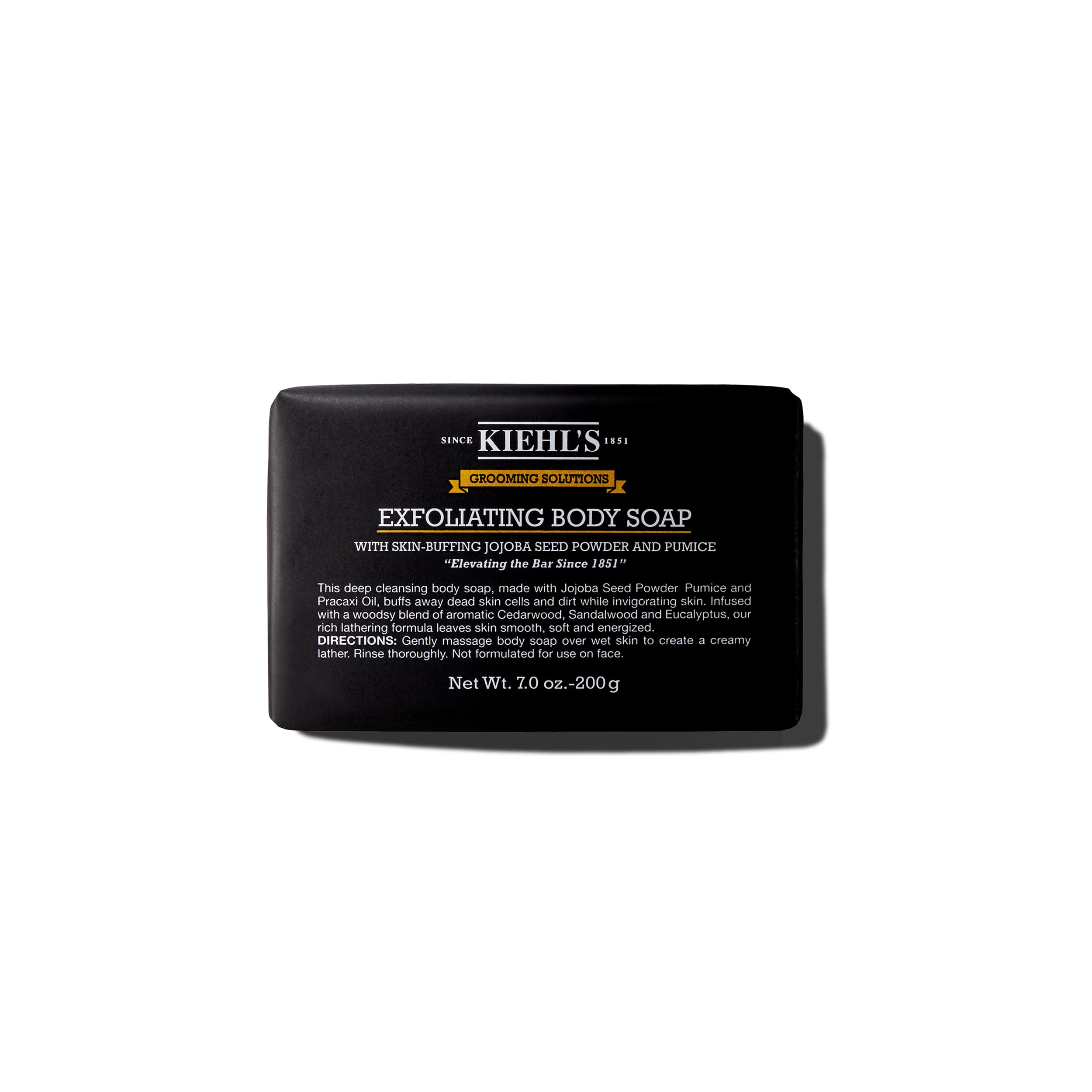 Kiehl's body bar front packaging showing brand and bar shape, highlights cleansing benefit