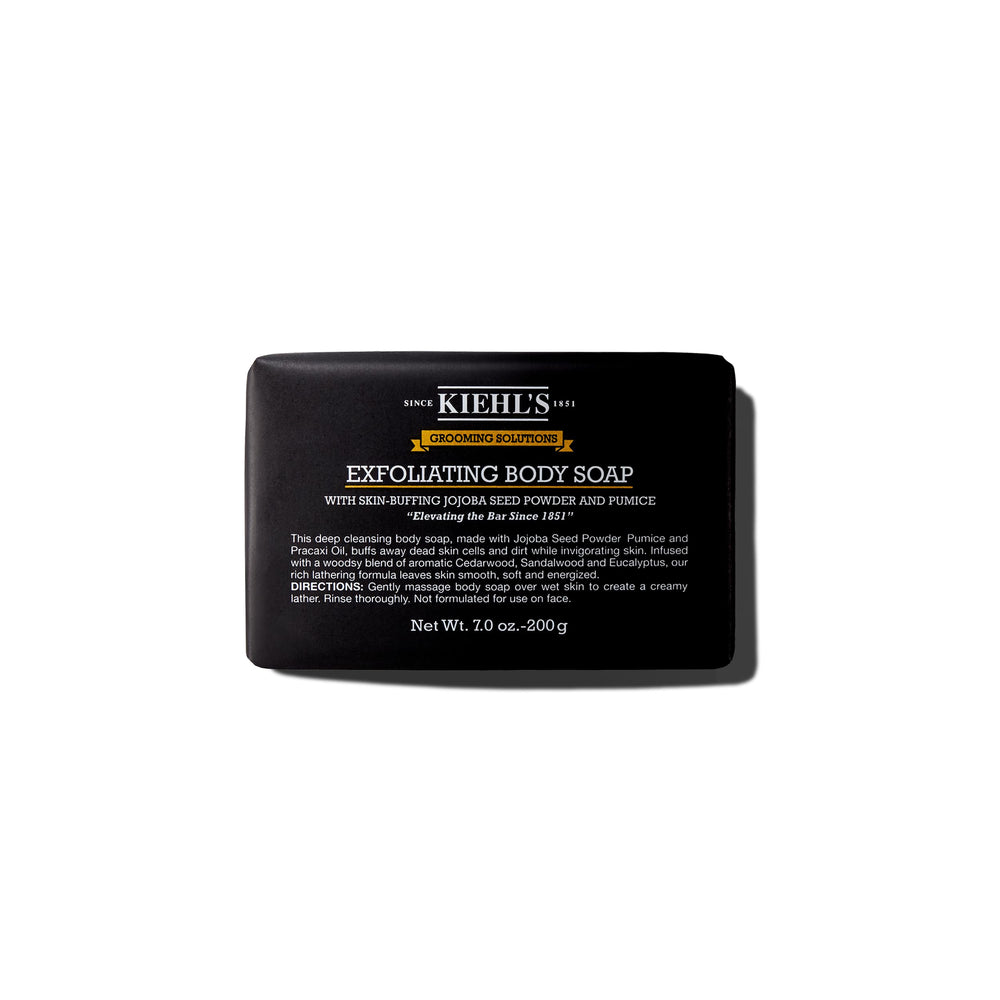 Kiehl's body bar front packaging showing brand and bar shape, highlights cleansing benefit