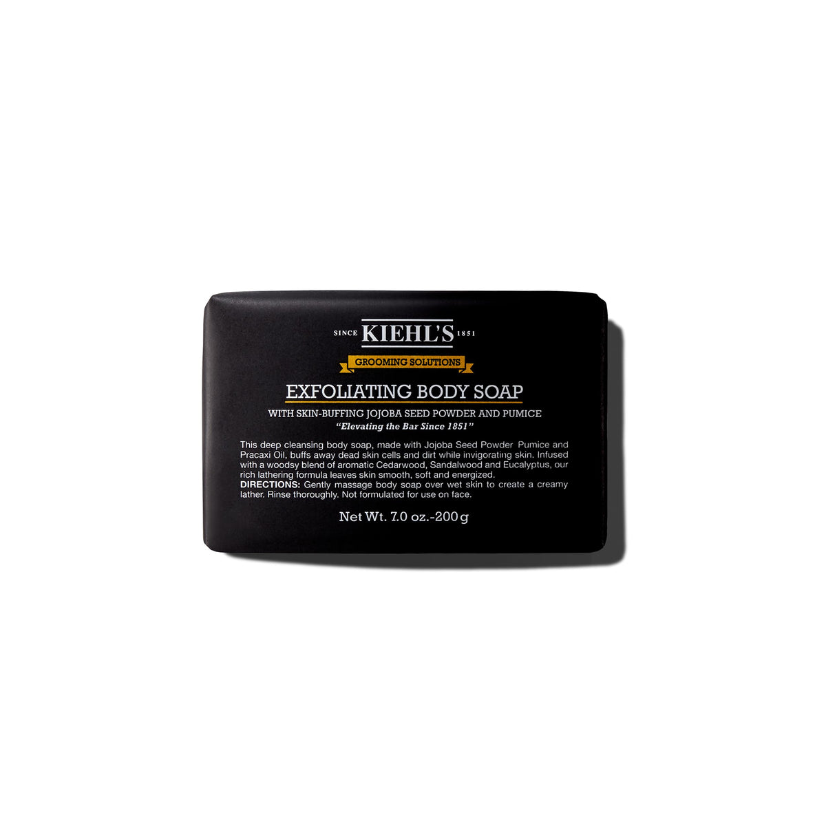 Kiehl's body bar front packaging showing brand and bar shape, highlights cleansing benefit