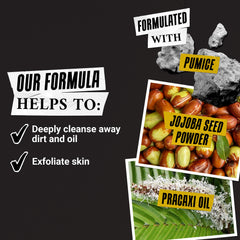 Kiehl's body bar lathering on male skin in shower, shows invigorating clean sensation