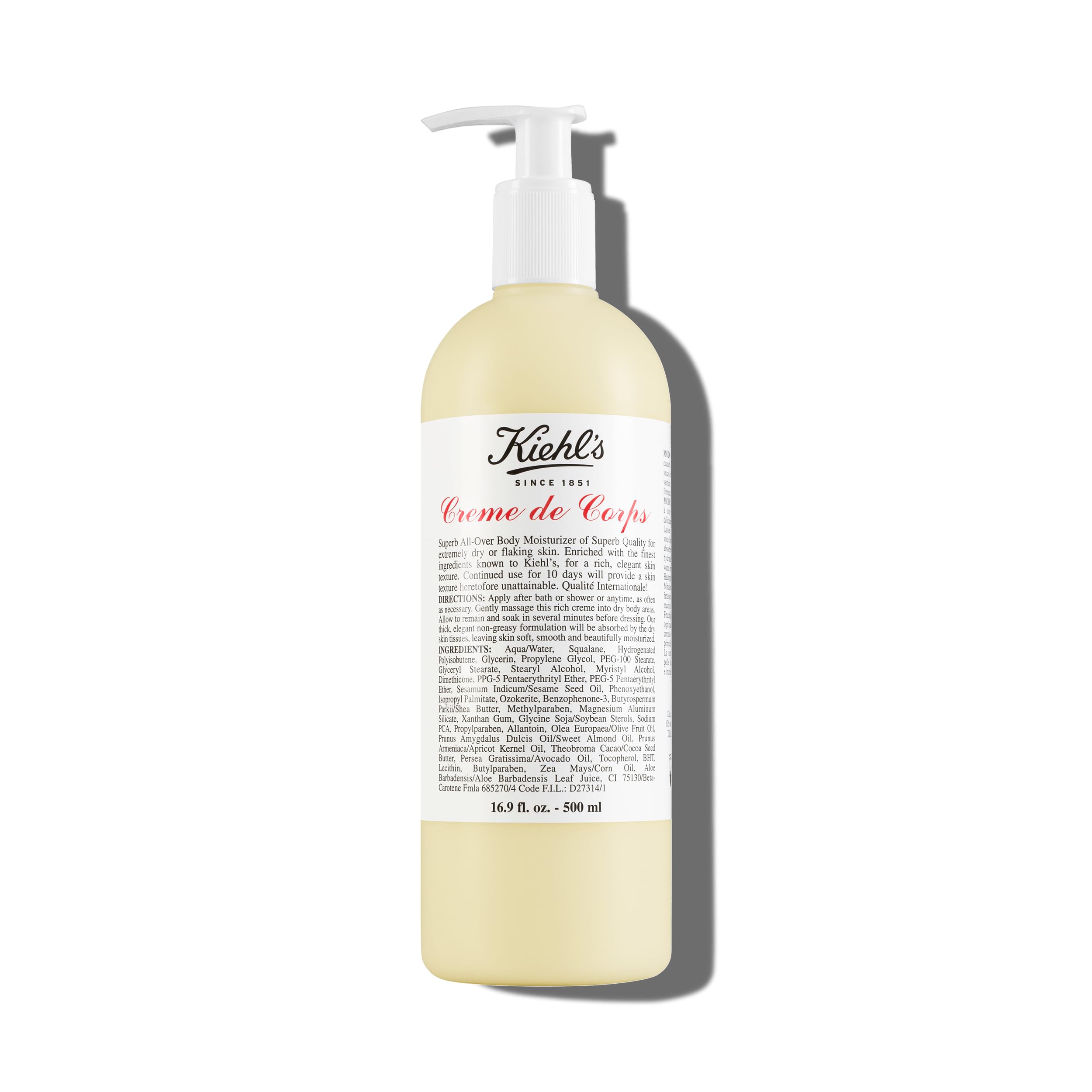 Kiehl's front packaging of Creme de Corps showing bottle and label for easy identification